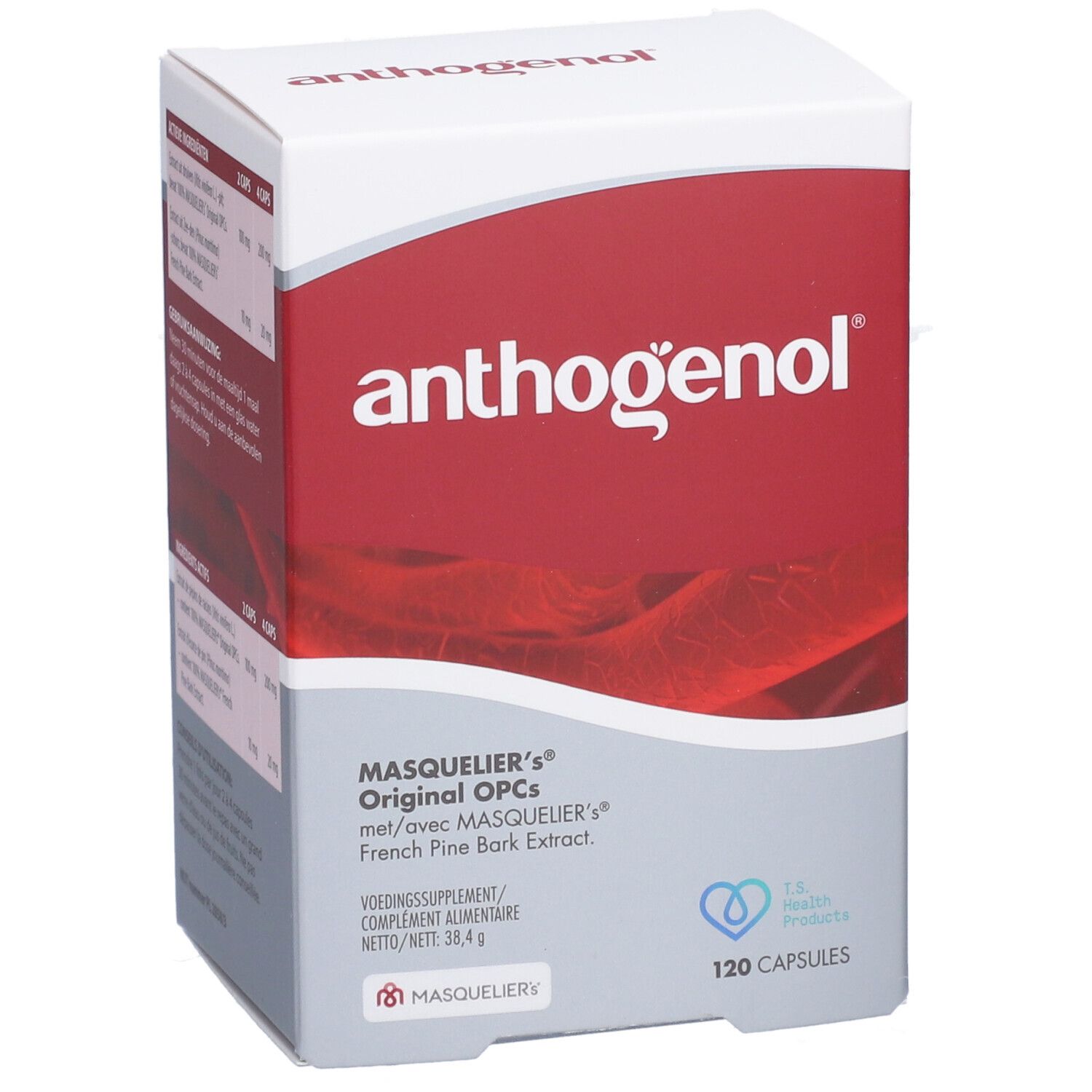 Anthogenol MASQUELIER's Original OPCs Verpackung, Vorderseite mit rotem Design.