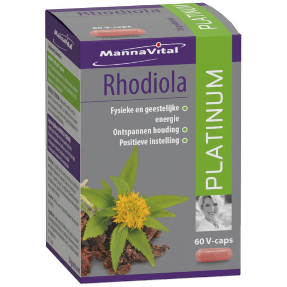 Boîte de Mannavital Rhodiola Platinum. Contient 60 gélules. Illustration de plante de rhodiola et femme.