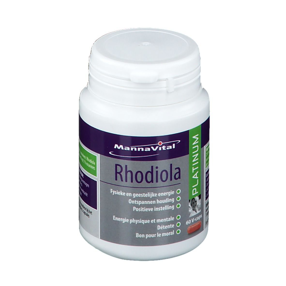 Flacon blanc de Mannavital Rhodiola Platinum. Contient 60 gélules. Étiquette violette et verte.