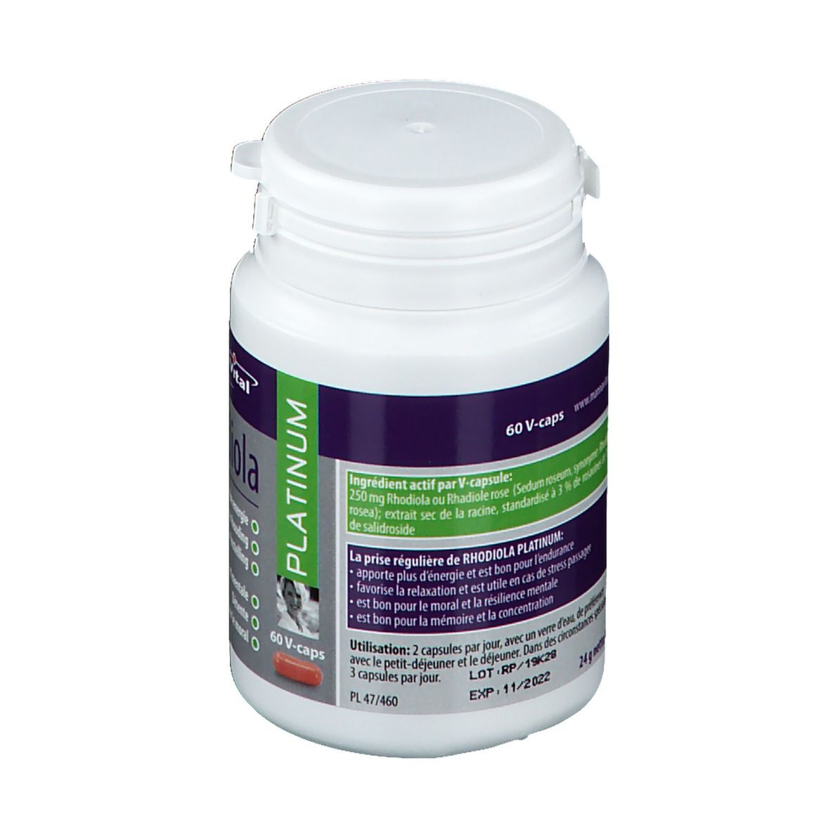 Flacon blanc de Mannavital Rhodiola Platinum. Contient 60 gélules. Vue détaillée de l'étiquette.