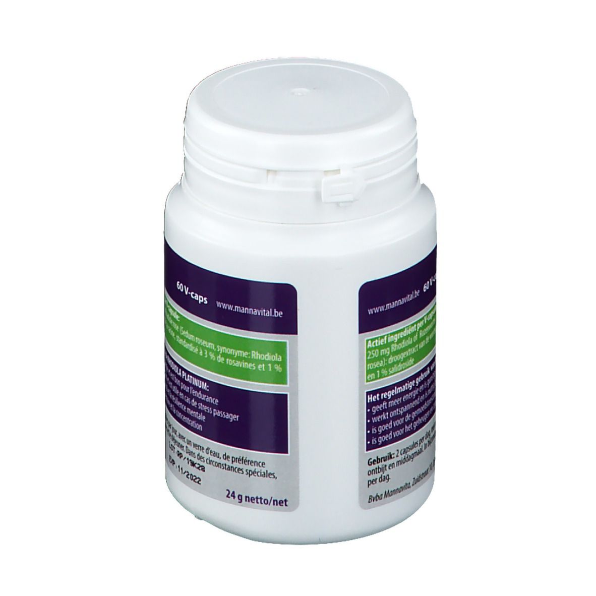 Flacon blanc de Mannavital Rhodiola Platinum. Contient 60 gélules. Vue arrière de l'étiquette.