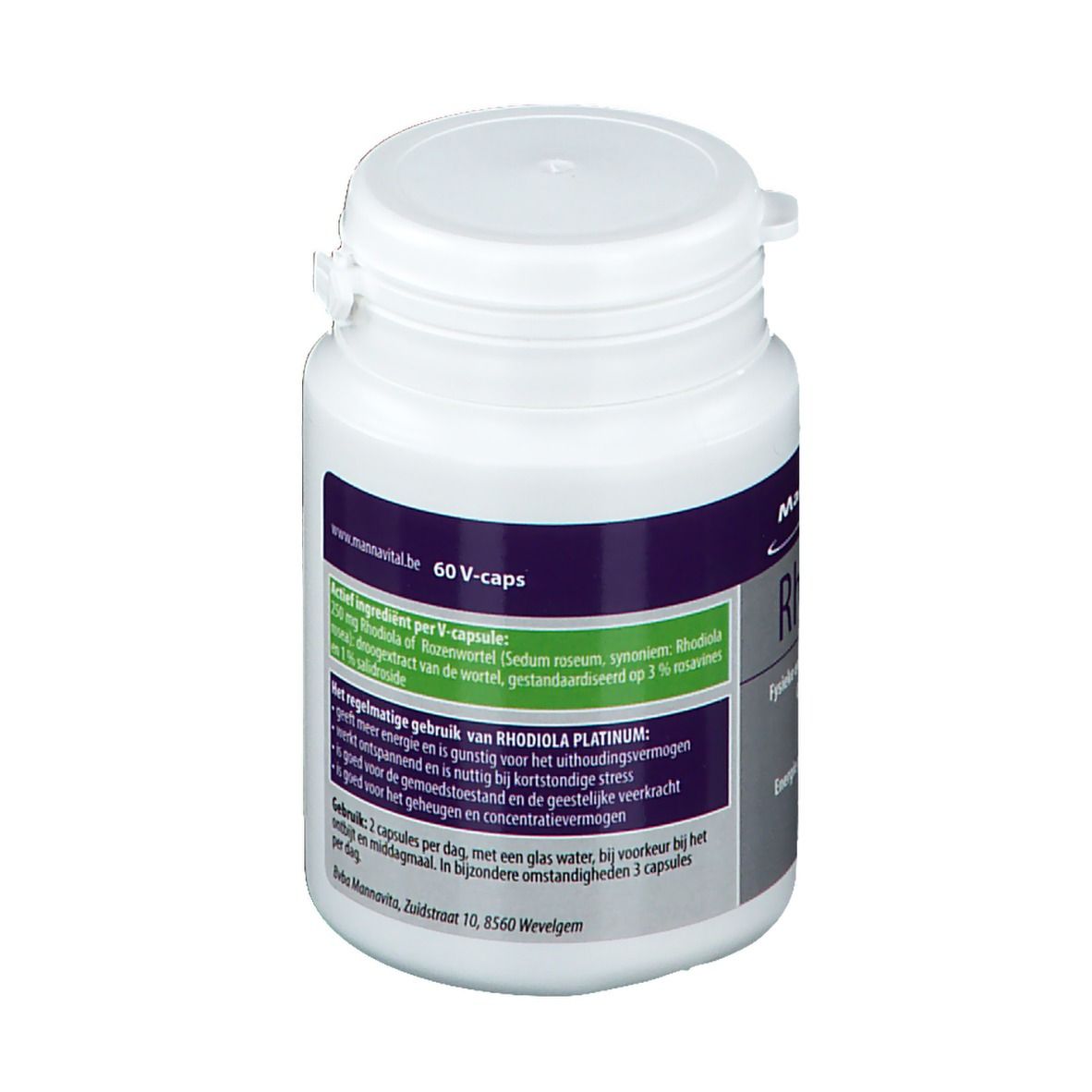 Flacon blanc de Mannavital Rhodiola Platinum. Contient 60 gélules. Vue détaillée de l'étiquette.