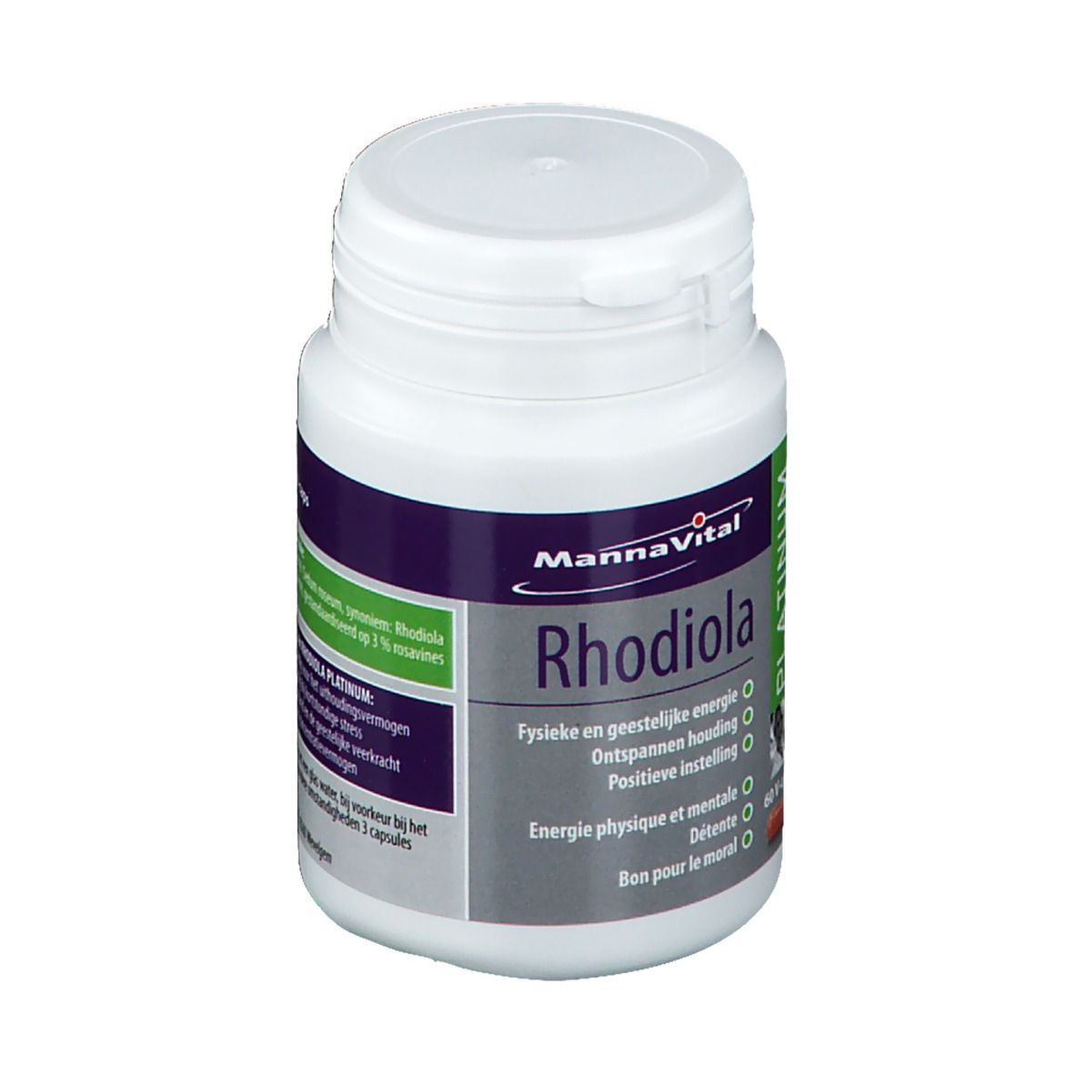 Flacon blanc de Mannavital Rhodiola Platinum. Contient 60 gélules. Vue détaillée de l'étiquette.