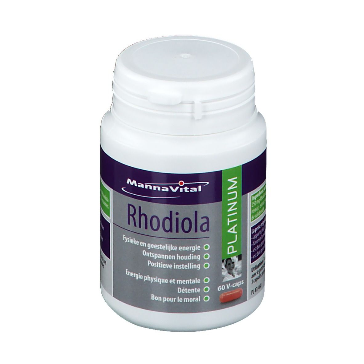 Flacon blanc de Mannavital Rhodiola Platinum. Contient 60 gélules. Vue détaillée de l'étiquette.