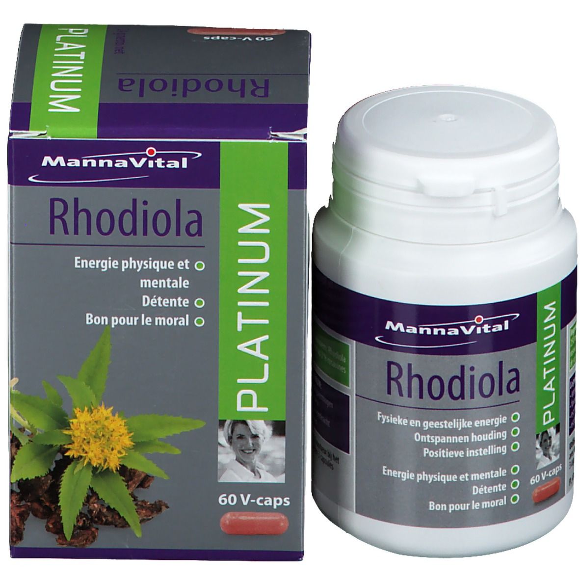 Mannavital Rhodiola Platinum. Flacon et boîte. Contient 60 gélules. Design violet et vert.