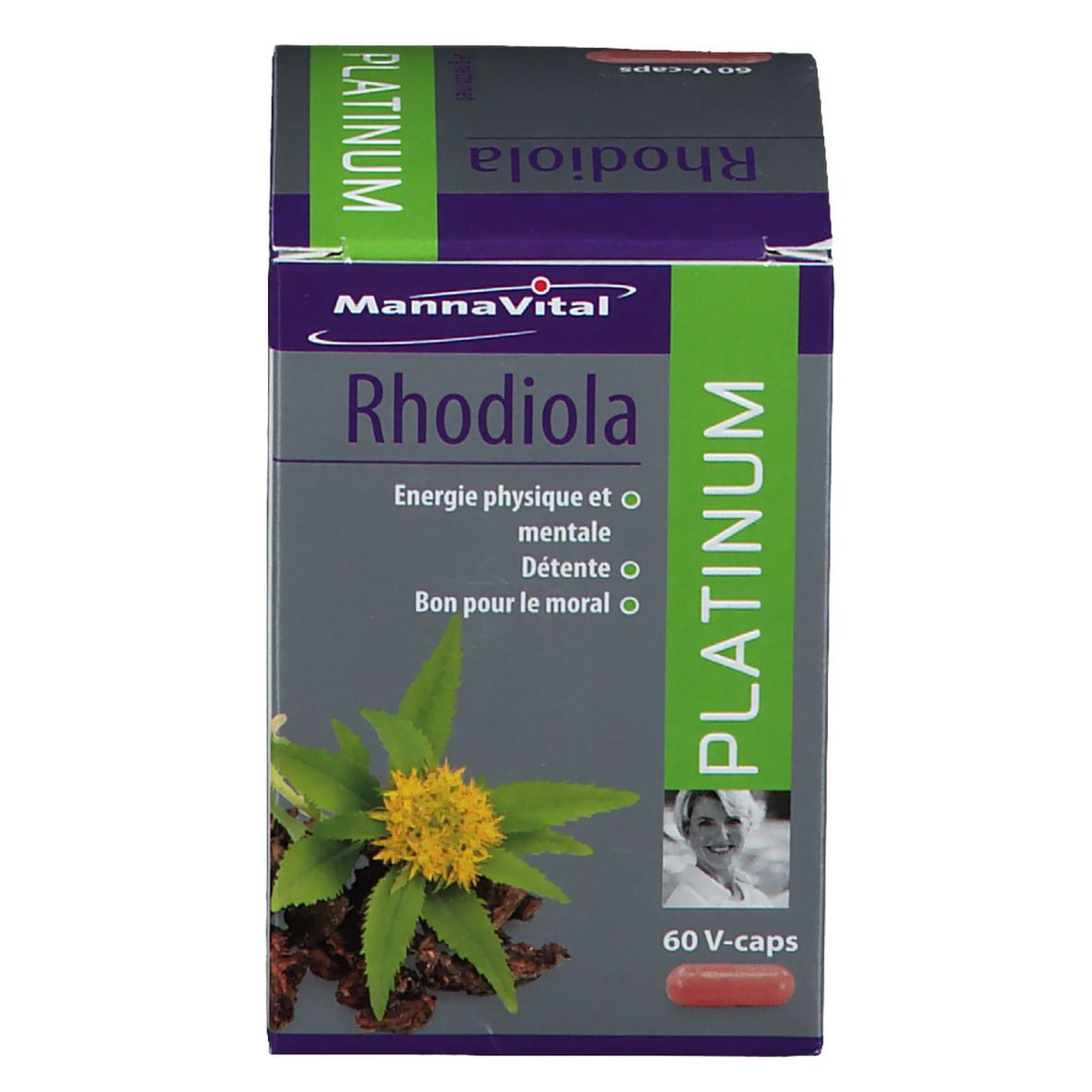 Boîte de Mannavital Rhodiola Platinum. Contient 60 gélules. Illustration de plante de rhodiola et femme.