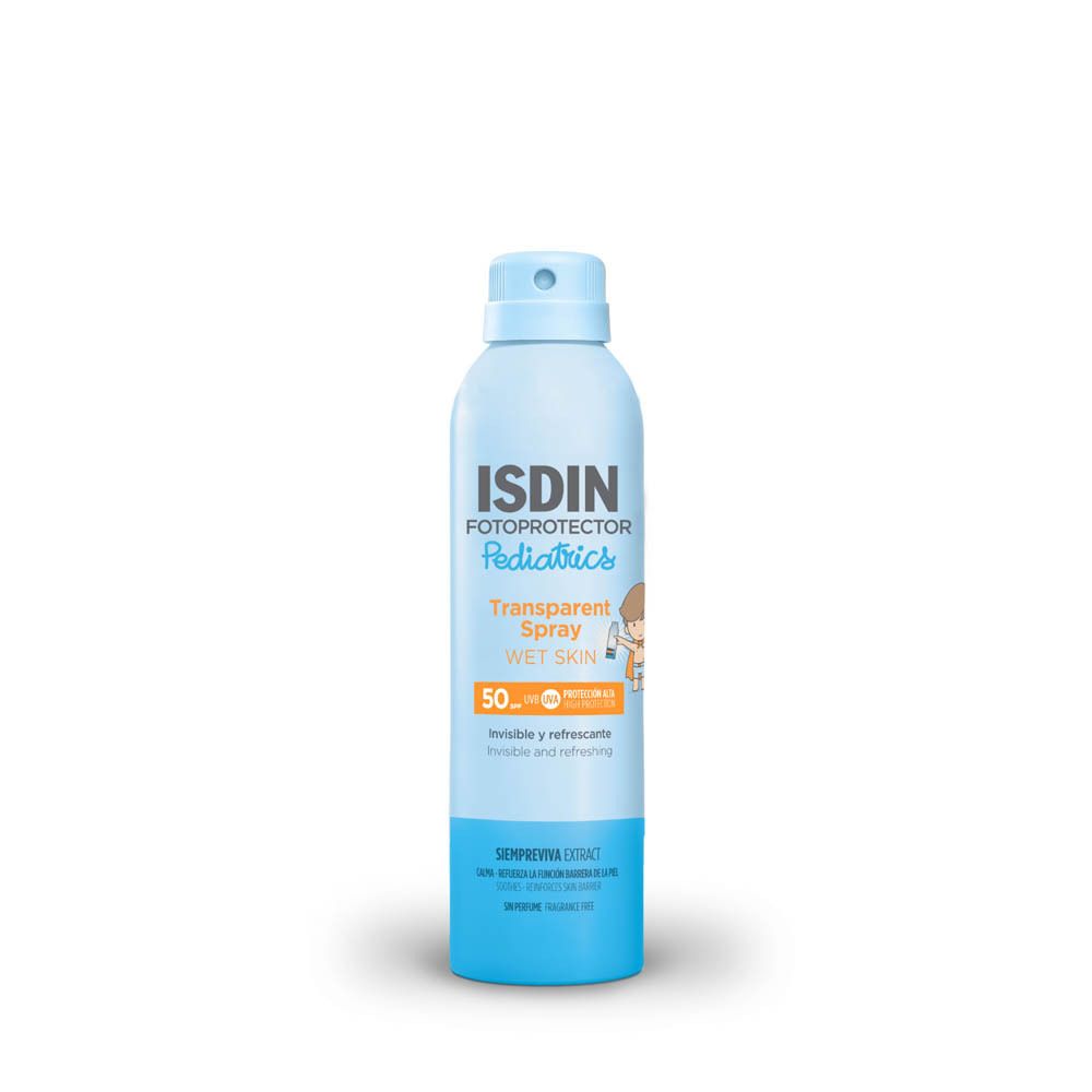 ISDIN Fotoprotector Pädiatrie Transparent Spray Wet Skin SPF50+. Flacon bleu debout.