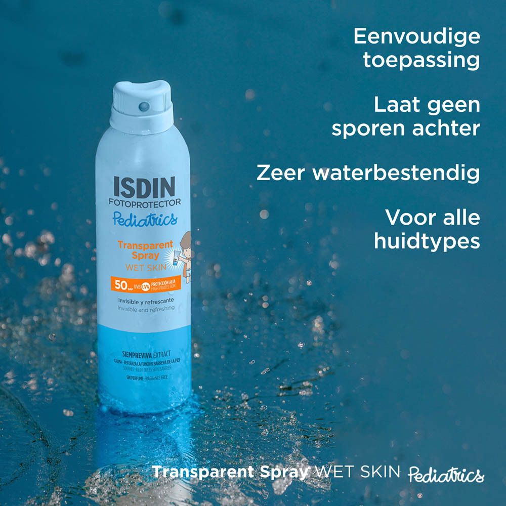 ISDIN Fotoprotector Spray, blaue Flasche, weißer Deckel. Text auf Niederländisch.