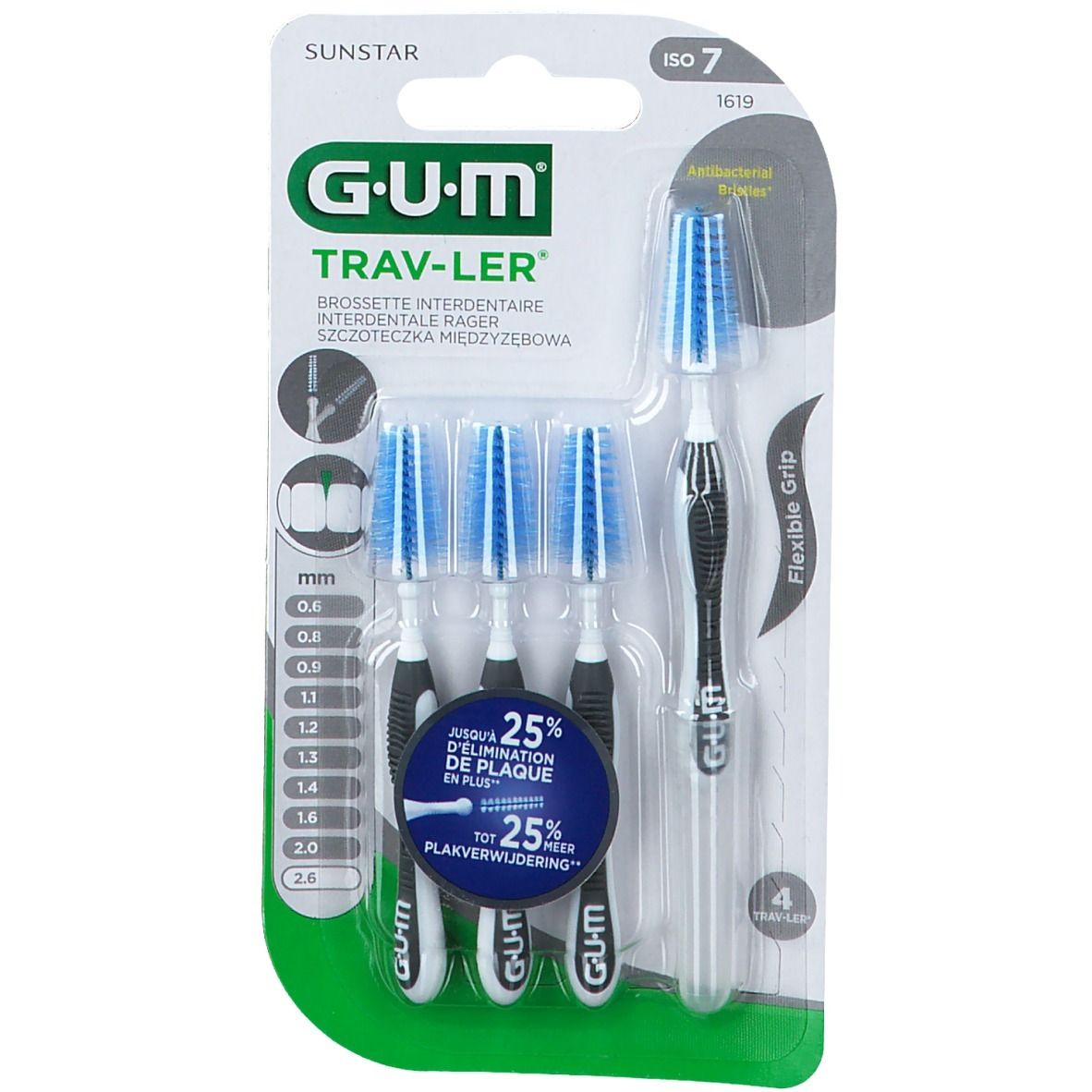 Blister de brossettes interdentaires GUM Trav-ler. Quatre brossettes à brins bleus et manche noir. Indication de taille 0,6 mm.