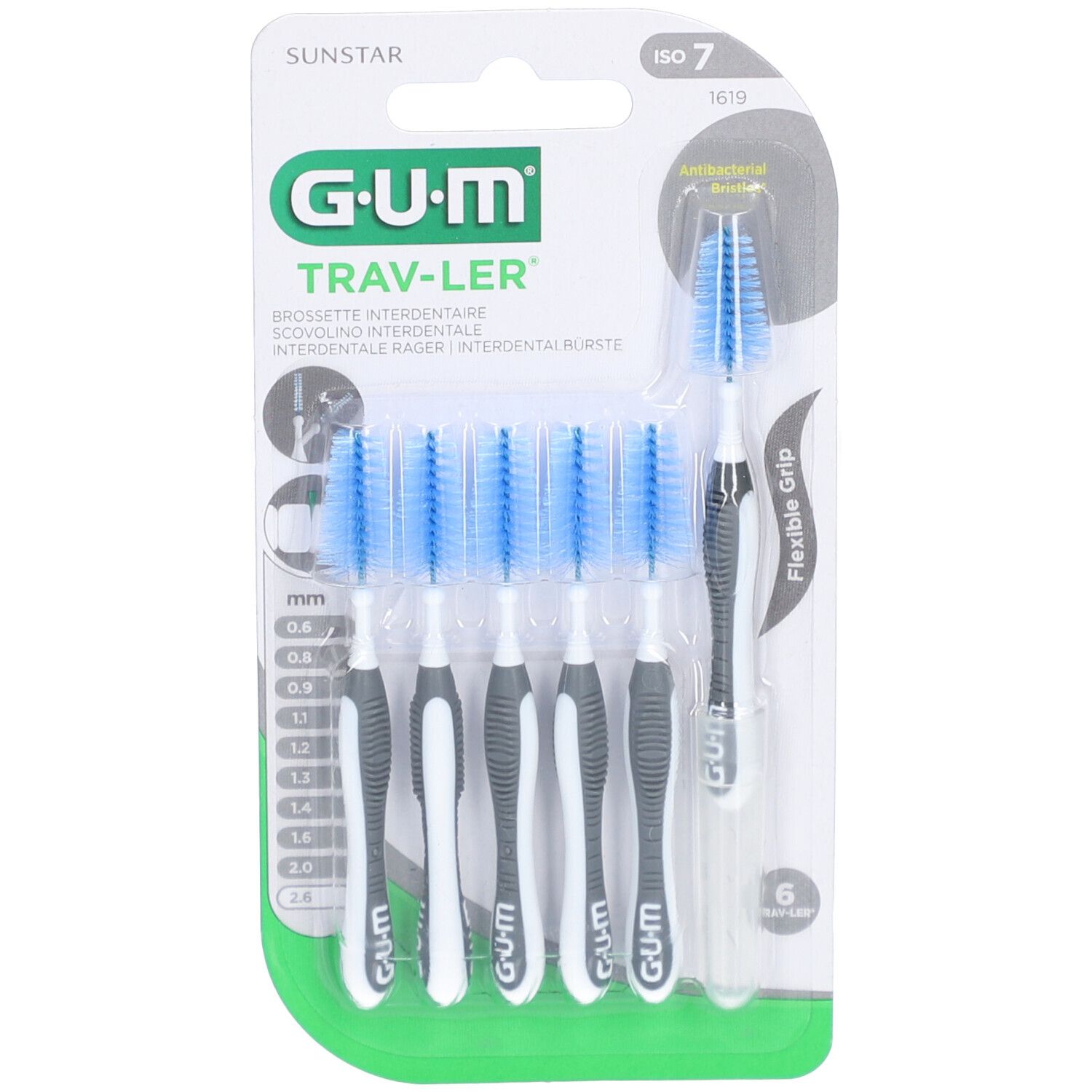 Zahnbürsten-Set mit blauen Borsten und grauen Griffen. Verpackung mit Größenangaben und Markennamen.