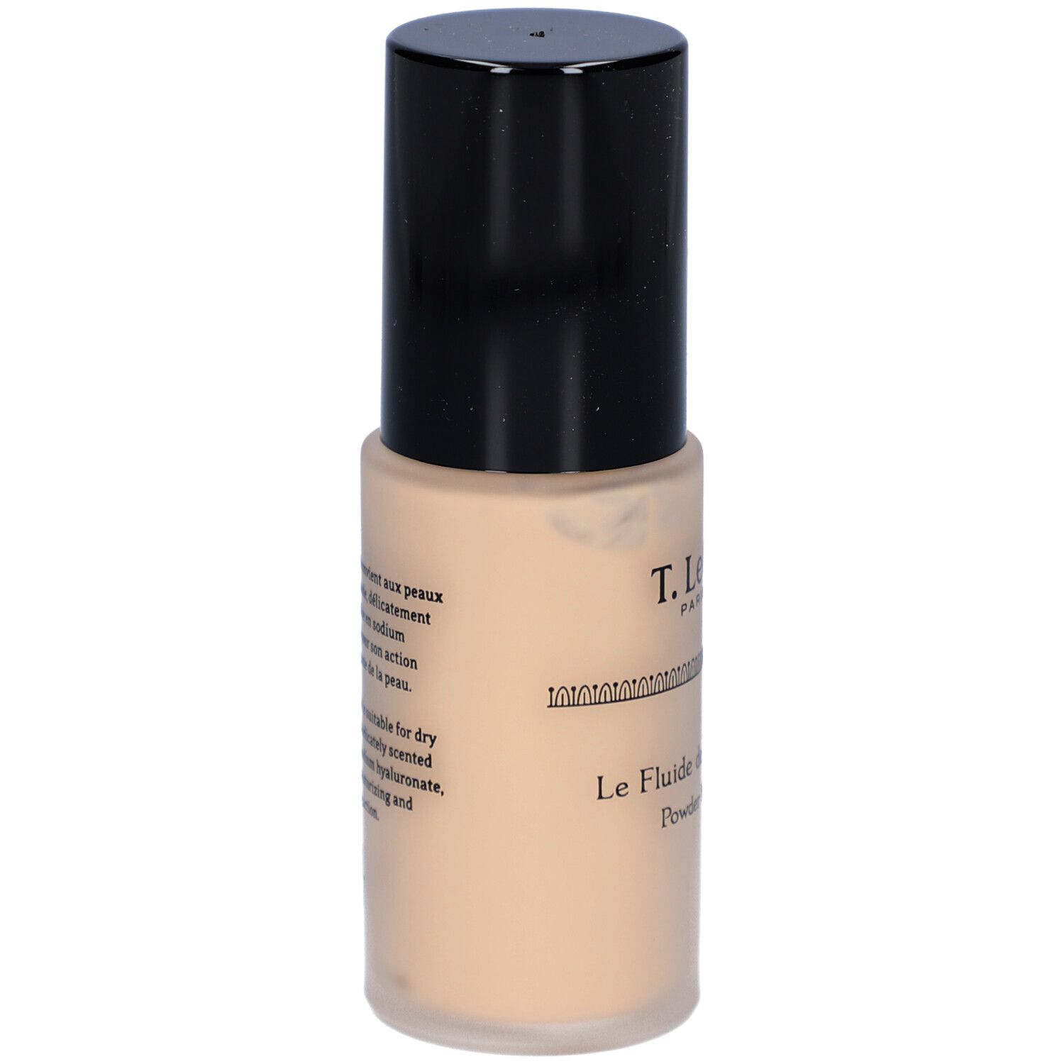 Fond de teint fluide mat T. LeClerc. Flacon beige avec bouchon noir. Texte au dos.