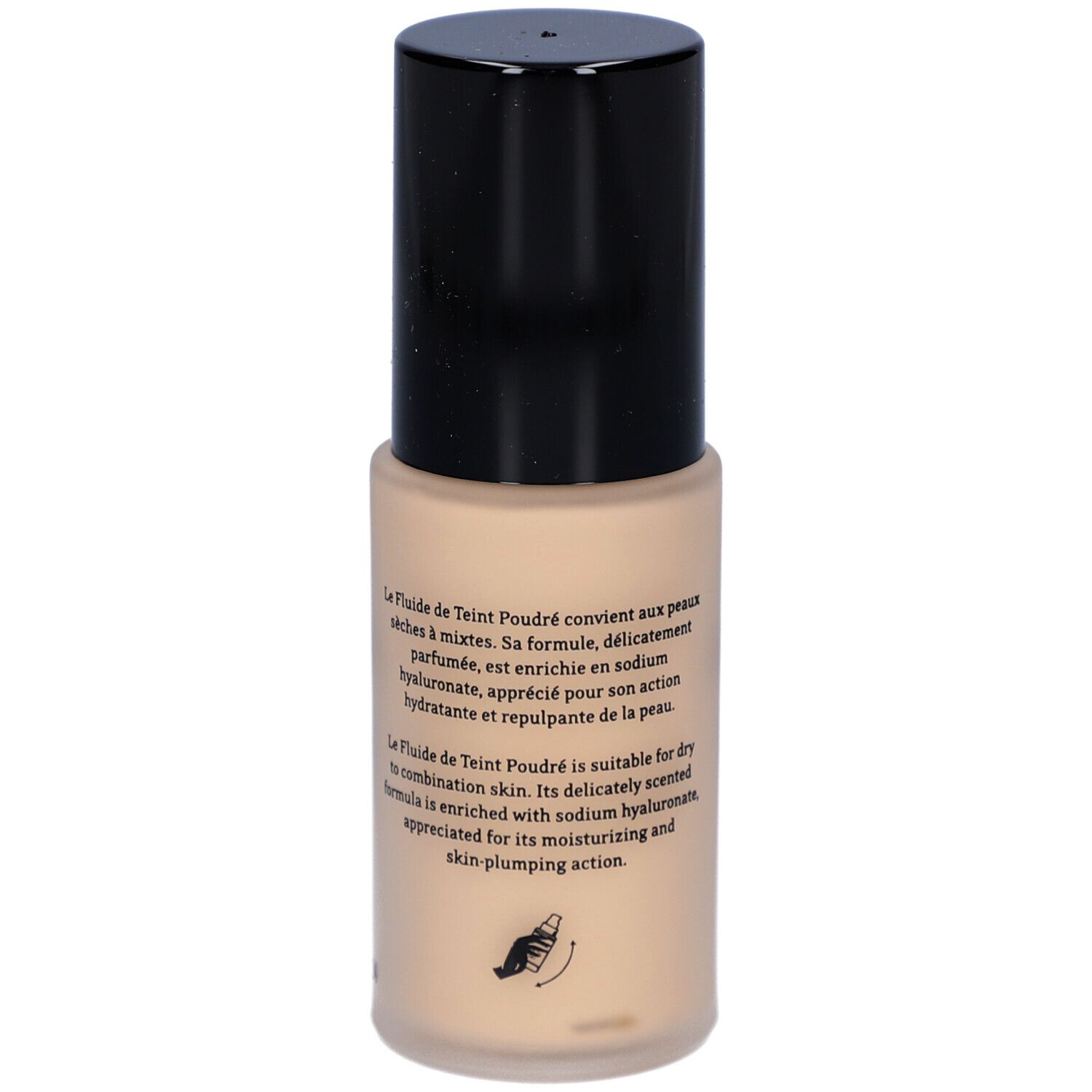 Fond de teint fluide mat T. LeClerc. Flacon beige avec bouchon noir. Texte au dos, avec illustration.