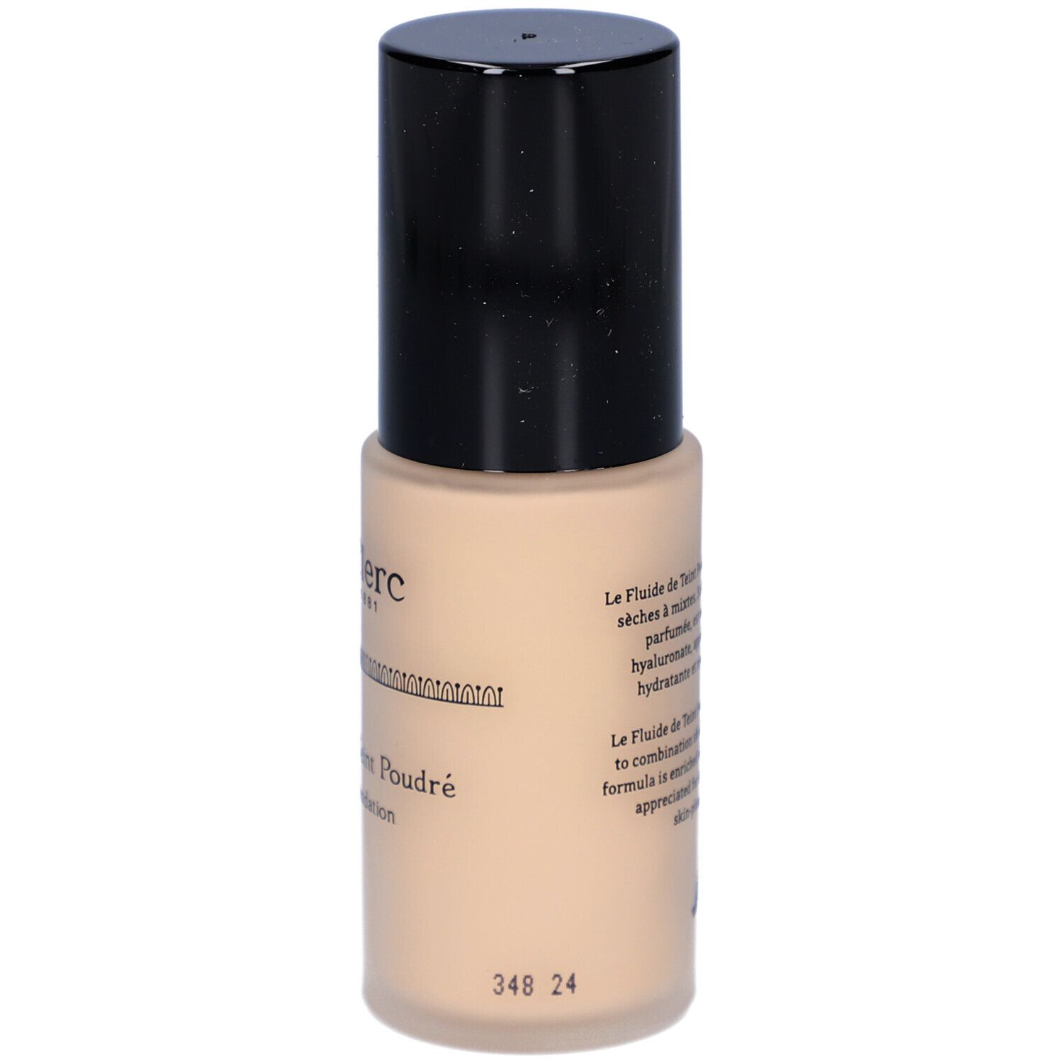 Fond de teint fluide mat T. LeClerc. Flacon beige avec bouchon noir. Inscription: Le Fluide de Teint Poudré, Powder Foundation. Numéro 348 24.