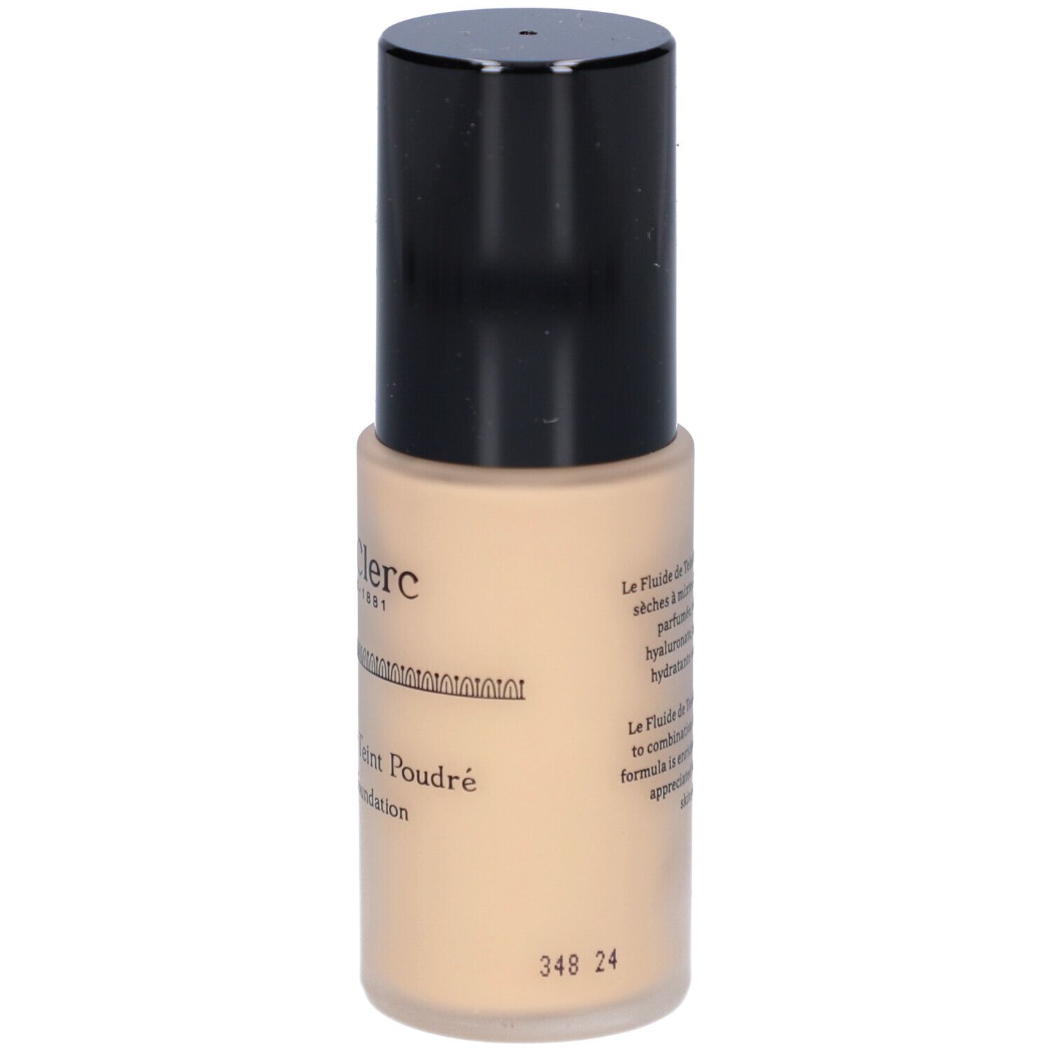 Fond de teint fluide beige dans un flacon cylindrique à bouchon noir. Inscription : T. LeClerc, Le Fluide de Teint Poudré, Powder Foundation.