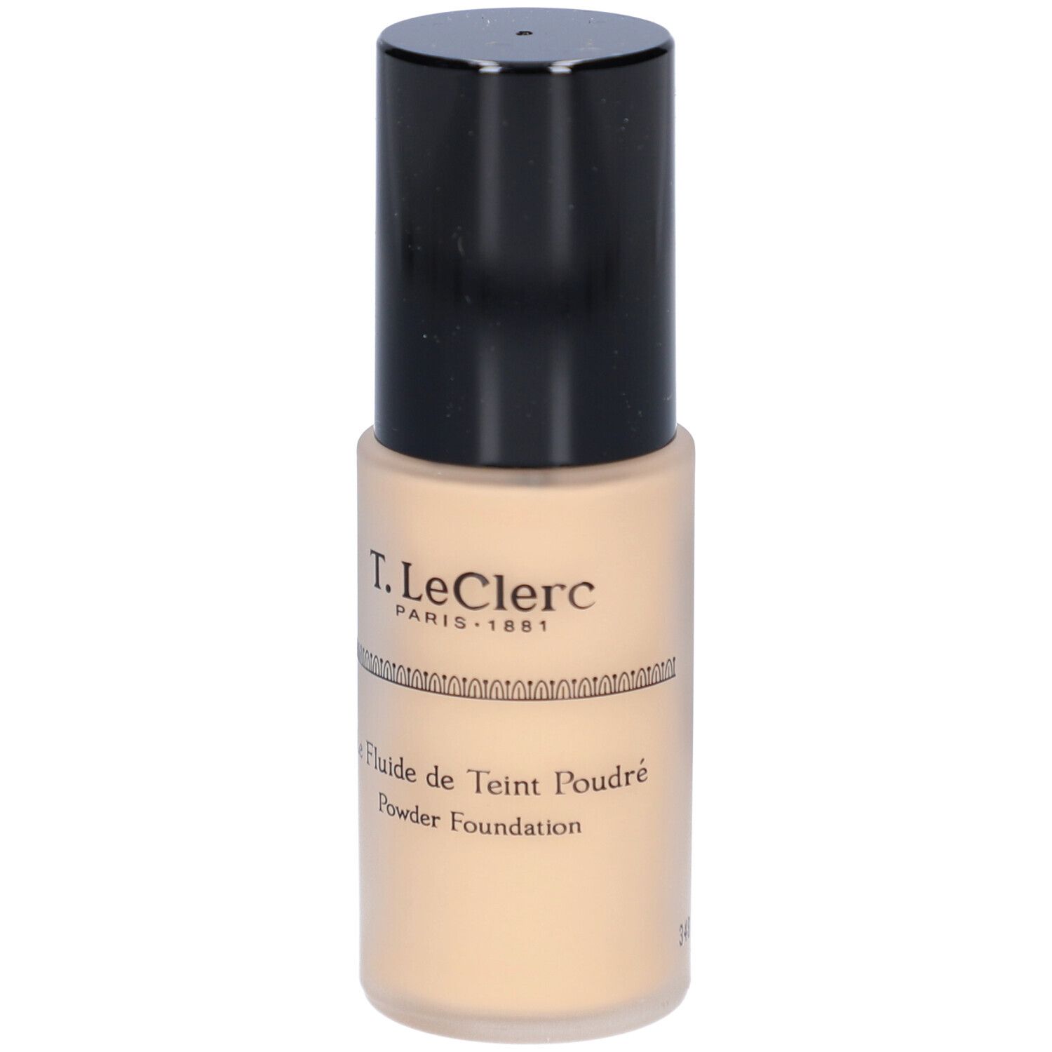 Fond de teint fluide beige dans un flacon cylindrique à bouchon noir. Inscription : T. LeClerc, Le Fluide de Teint Poudré, Powder Foundation.