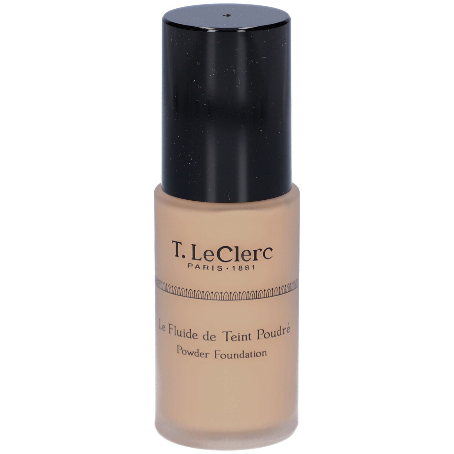 Beige Flüssig-Make-up-Flakon mit schwarzem Deckel. Aufschrift: T. LeClerc, Le Fluide de Teint Poudré, Powder Foundation.