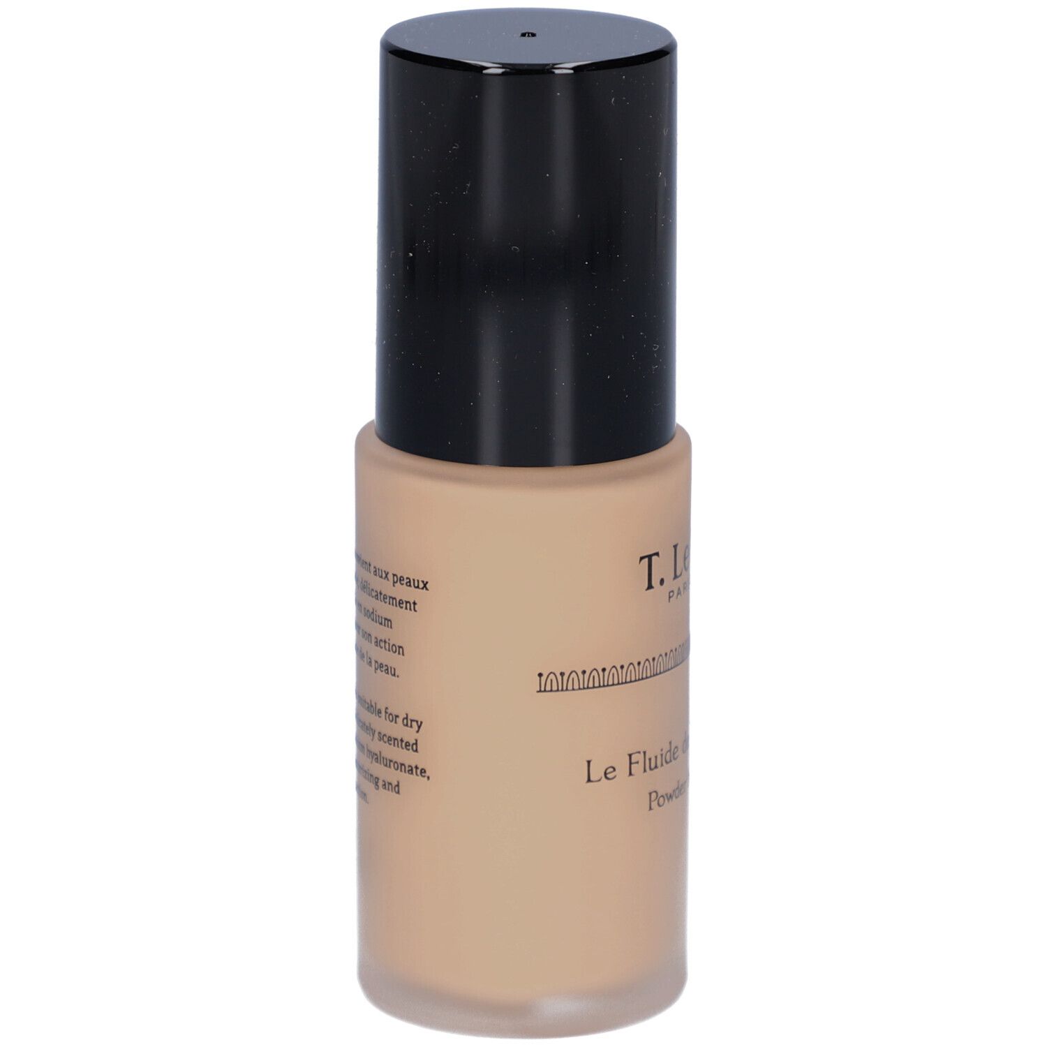 Beige Flüssig-Make-up-Flakon mit schwarzem Deckel. Text auf dem Etikett.