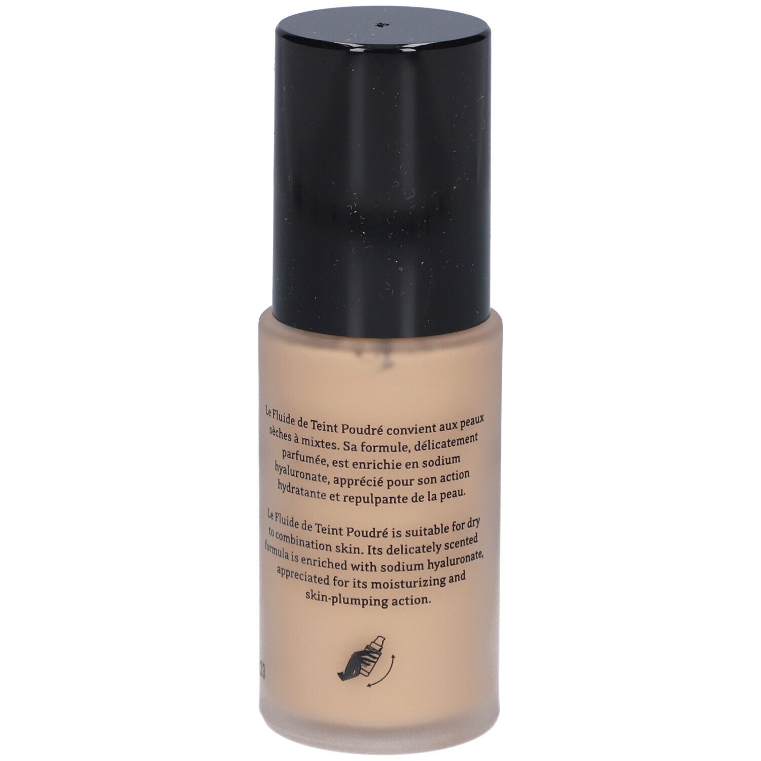 Beige Flüssig-Make-up-Flakon mit schwarzem Deckel. Text auf dem Etikett.