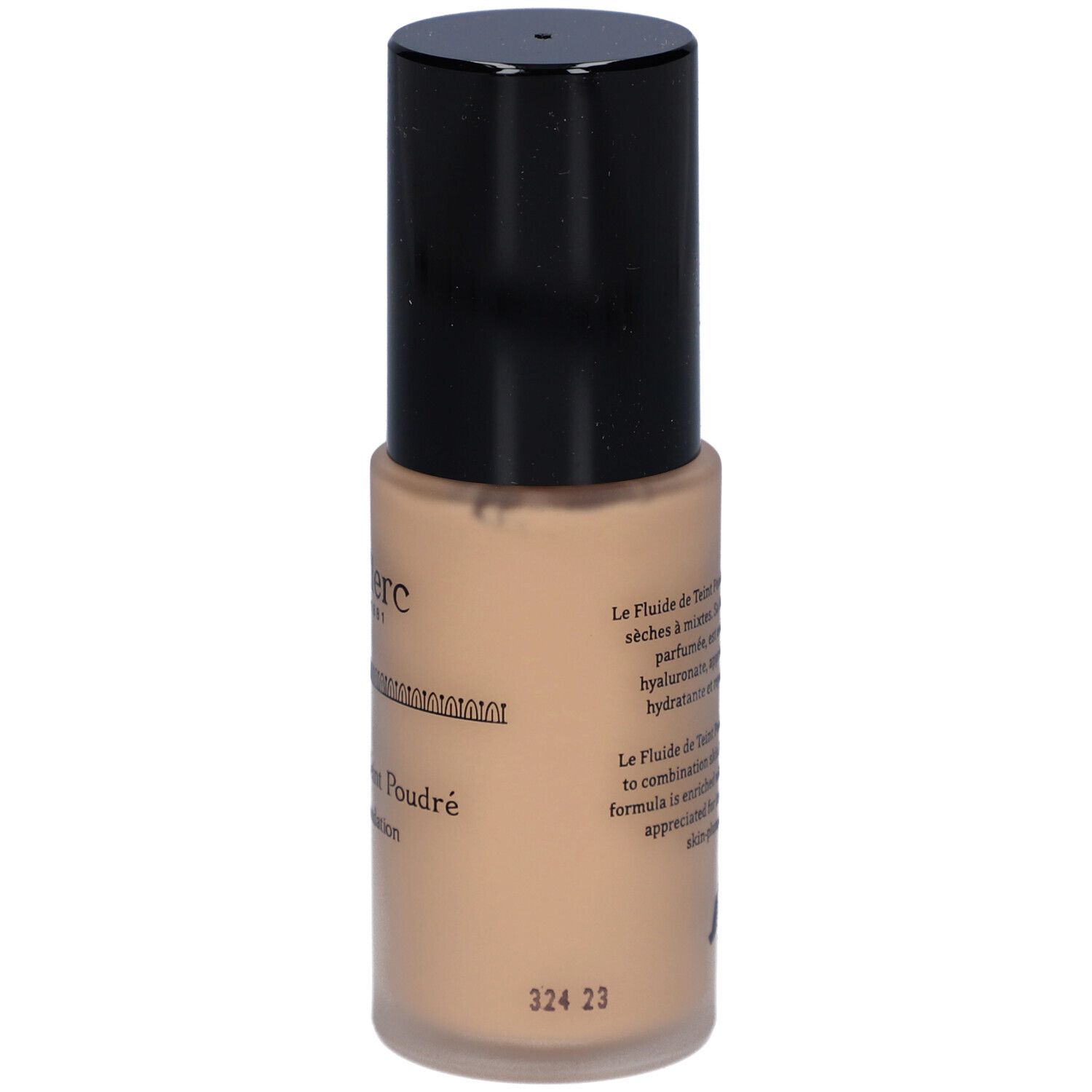 Beige Flüssig-Make-up-Flakon mit schwarzem Deckel. Text auf dem Etikett, darunter eine Zahl.