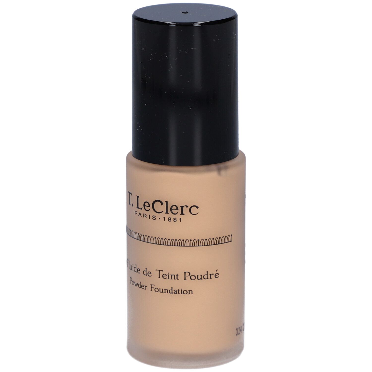 Beige Flüssig-Make-up-Flakon mit schwarzem Deckel. Aufschrift: T. LeClerc, Le Fluide de Teint Poudré, Powder Foundation.