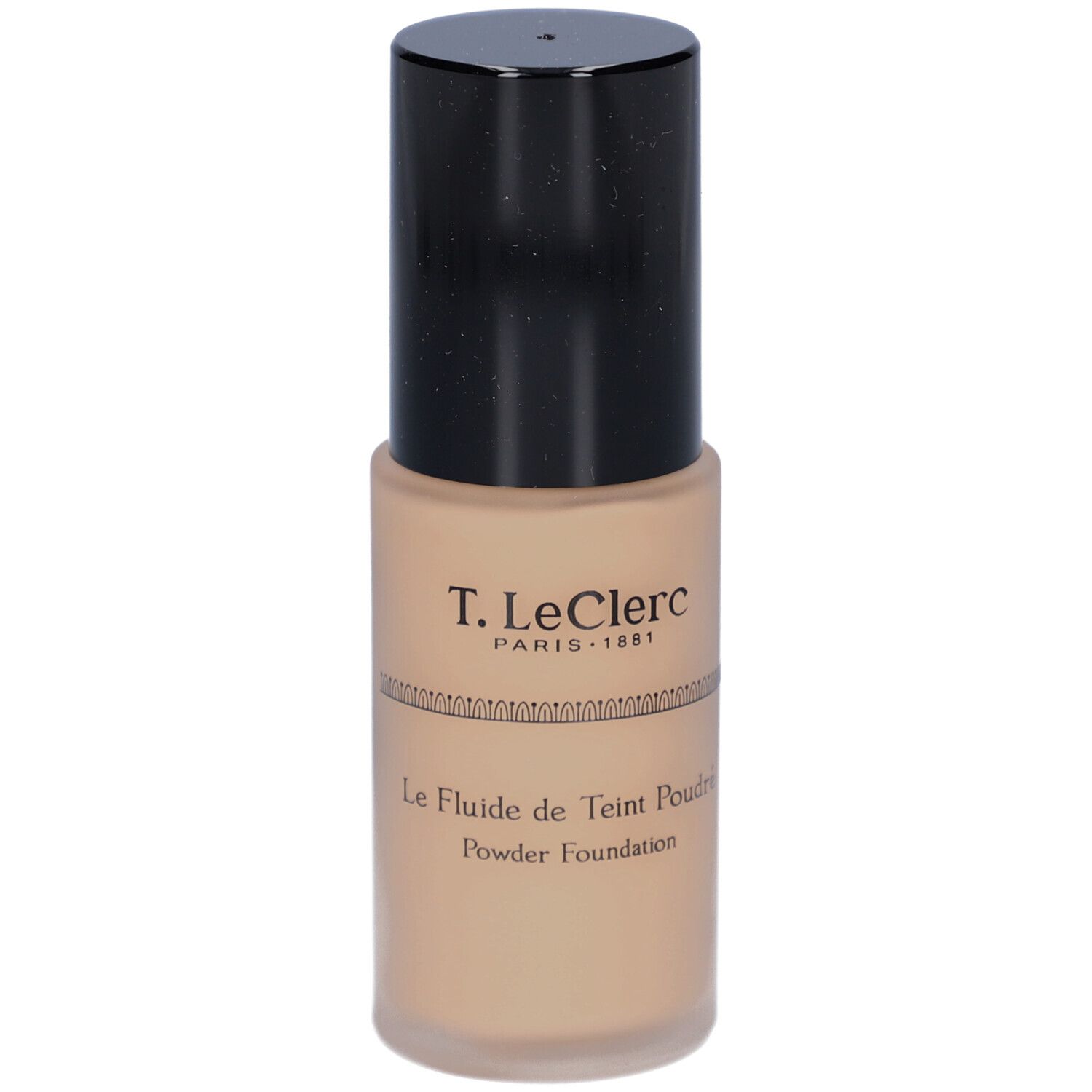 Beige Flüssig-Make-up-Flakon mit schwarzem Deckel. Aufschrift: T. LeClerc, Le Fluide de Teint Poudré, Powder Foundation.