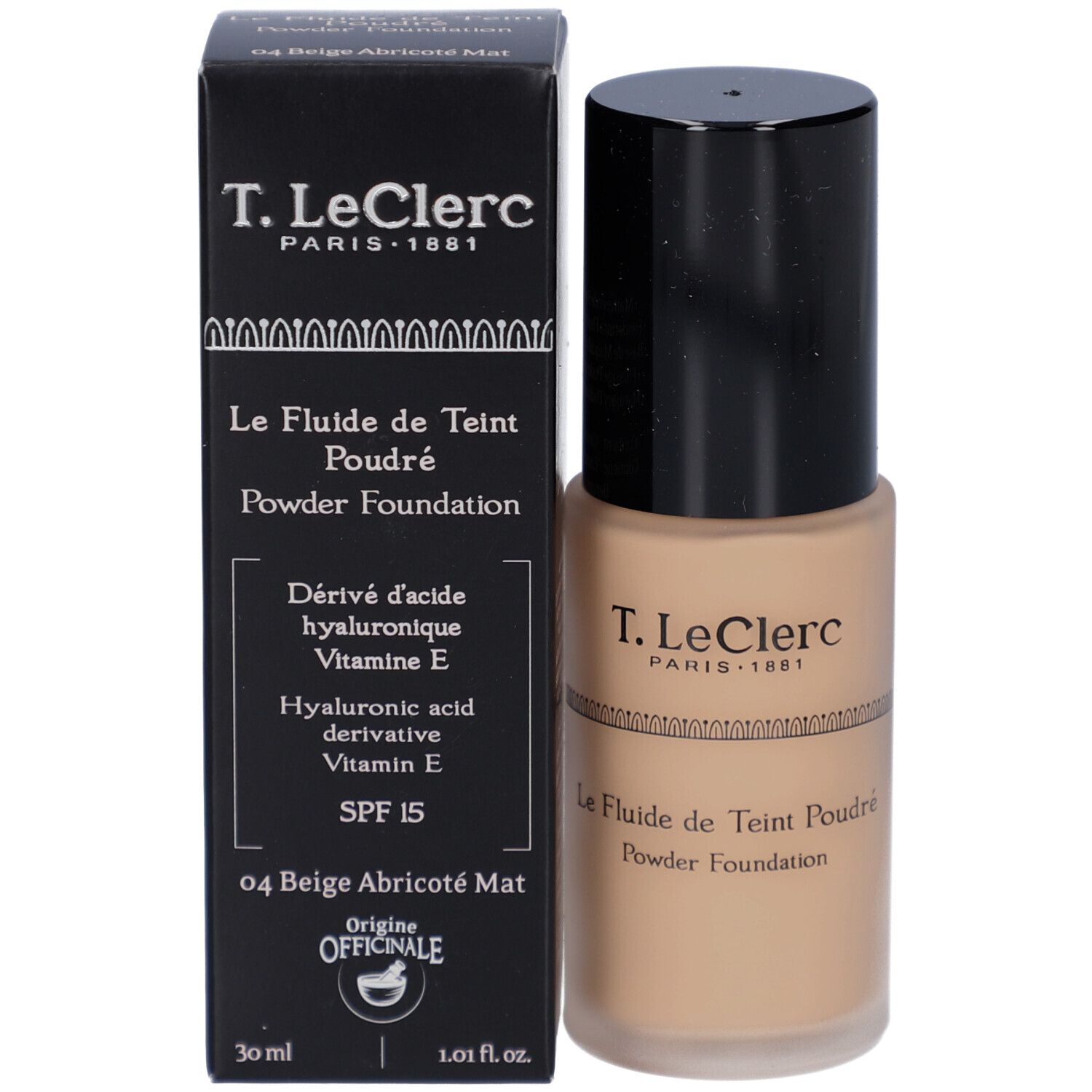 Flüssig-Make-up-Flakon und Schachtel. Aufschrift: T. LeClerc, Le Fluide de Teint Poudré, Powder Foundation, SPF 15.