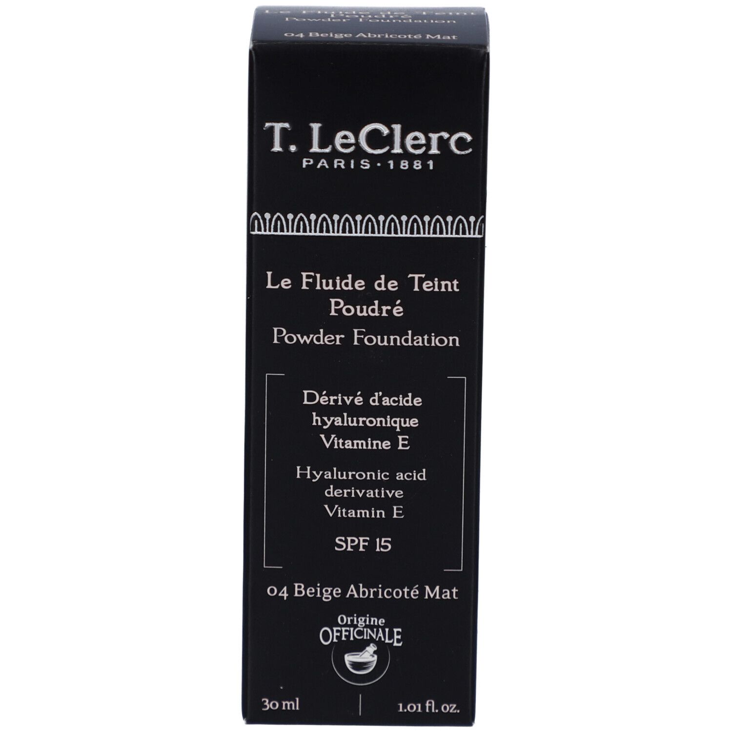 Schwarze Schachtel mit Flüssig-Make-up-Flakon. Aufschrift: T. LeClerc, Le Fluide de Teint Poudré, Powder Foundation, SPF 15.