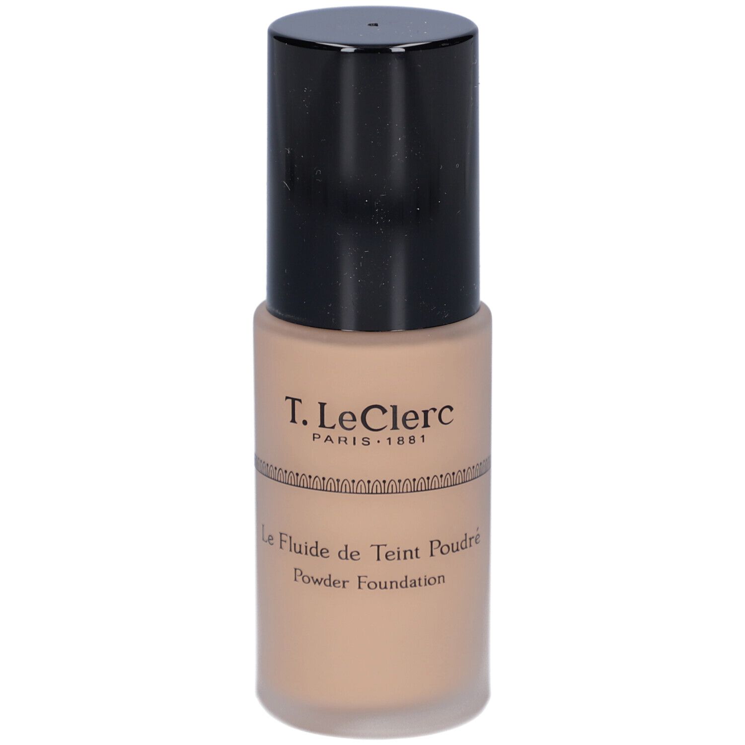 T. LeClerc Matte Fluid Foundation. Beige Flüssig-Make-up-Flakon mit schwarzem Deckel. Aufschrift: Le Fluide de Teint Poudré.