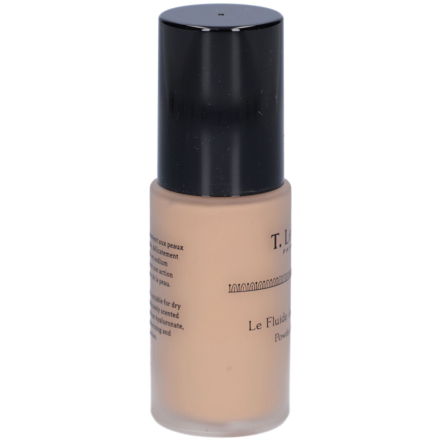 T. LeClerc Matte Fluid Foundation. Beige Flüssig-Make-up-Flakon mit schwarzem Deckel. Text auf dem Flakon.