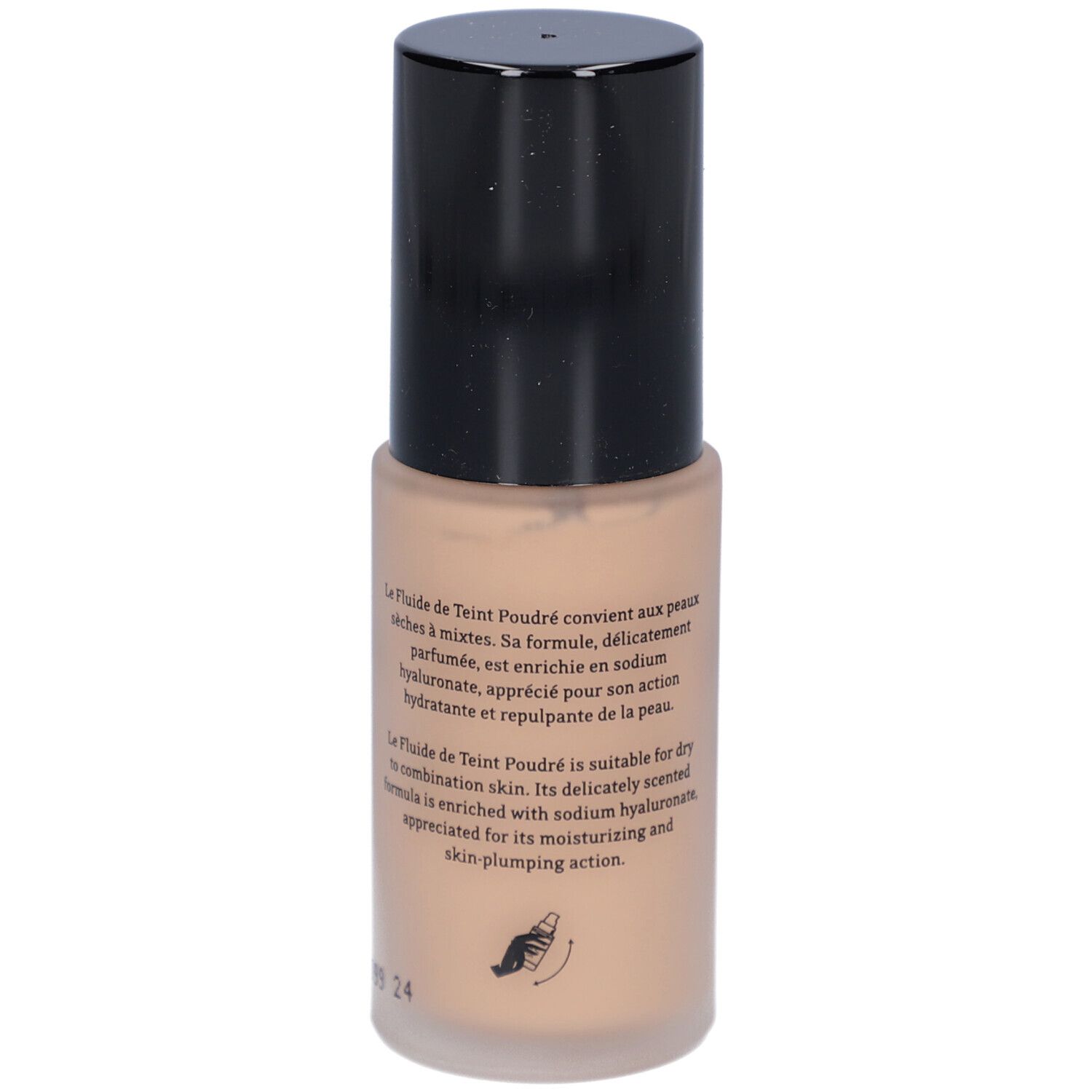T. LeClerc Matte Fluid Foundation. Beige Flüssig-Make-up-Flakon mit schwarzem Deckel. Text auf dem Flakon.