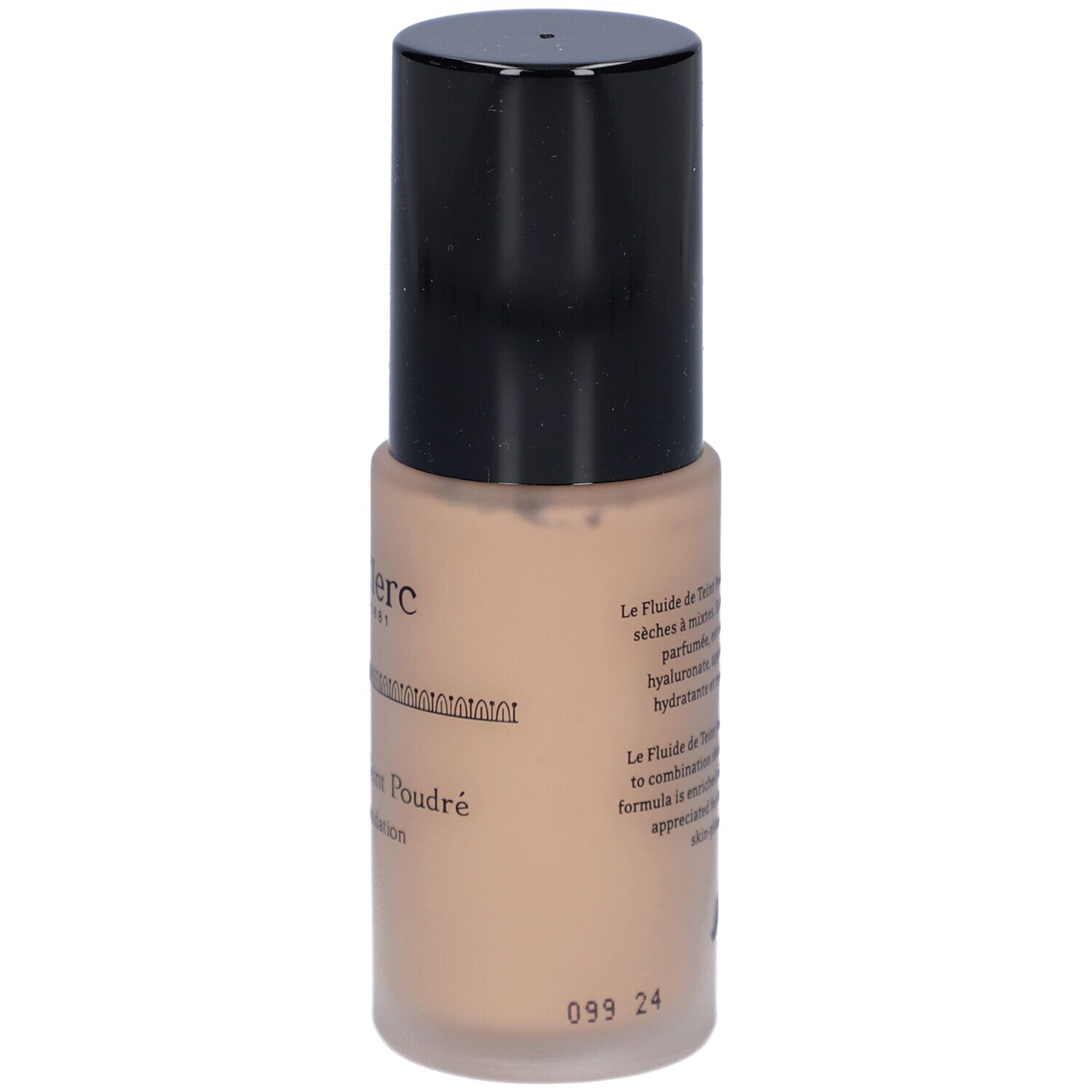 T. LeClerc Matte Fluid Foundation. Beige Flüssig-Make-up-Flakon mit schwarzem Deckel. Aufschrift: Le Fluide de Teint Poudré.