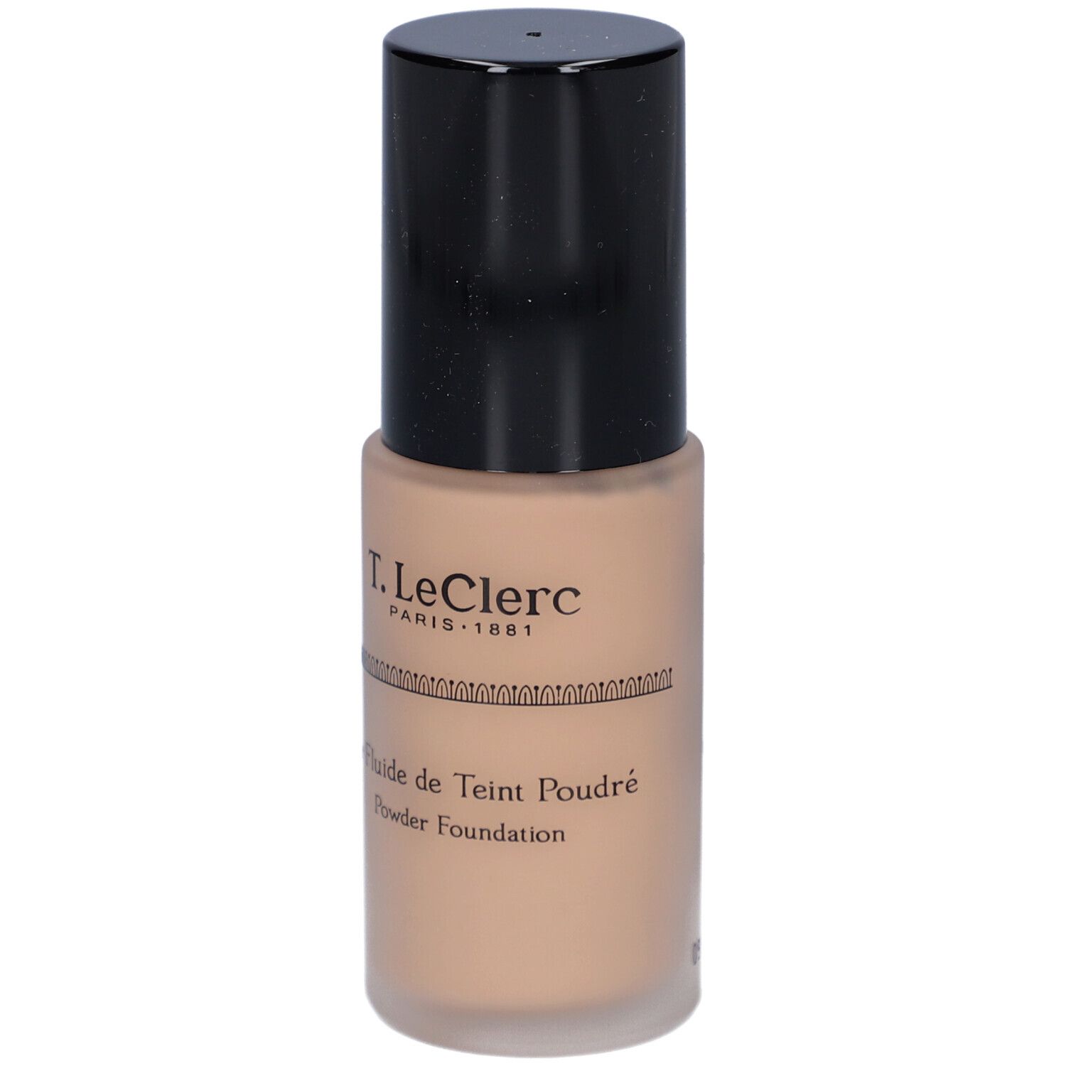 T. LeClerc Matte Fluid Foundation. Beige Flüssig-Make-up-Flakon mit schwarzem Deckel. Aufschrift: Le Fluide de Teint Poudré.