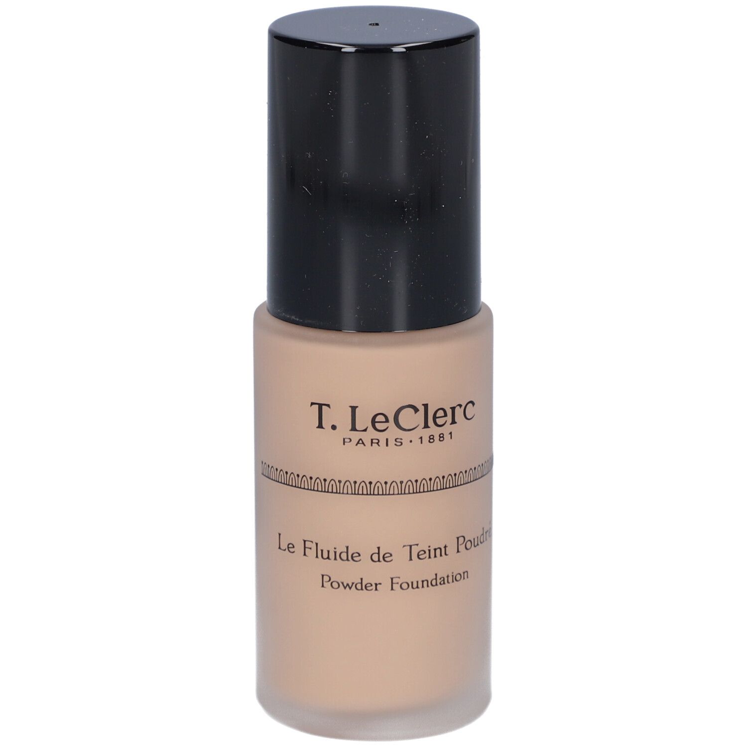 T. LeClerc Matte Fluid Foundation. Beige Flüssig-Make-up-Flakon mit schwarzem Deckel. Aufschrift: Le Fluide de Teint Poudré.