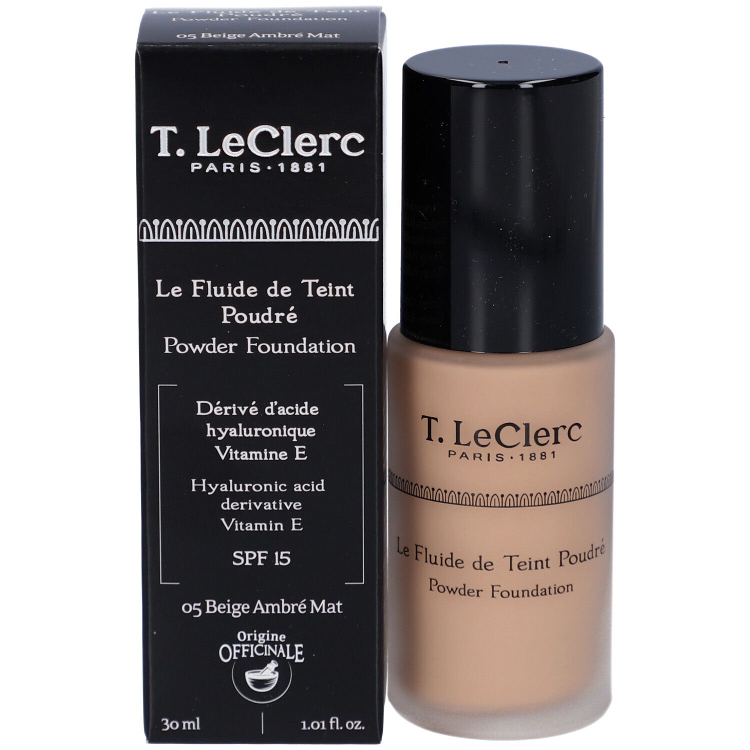 T. LeClerc Matte Fluid Foundation und Verpackung. Schwarze Schachtel und Make-up-Flakon. Aufschrift: Le Fluide de Teint Poudré.