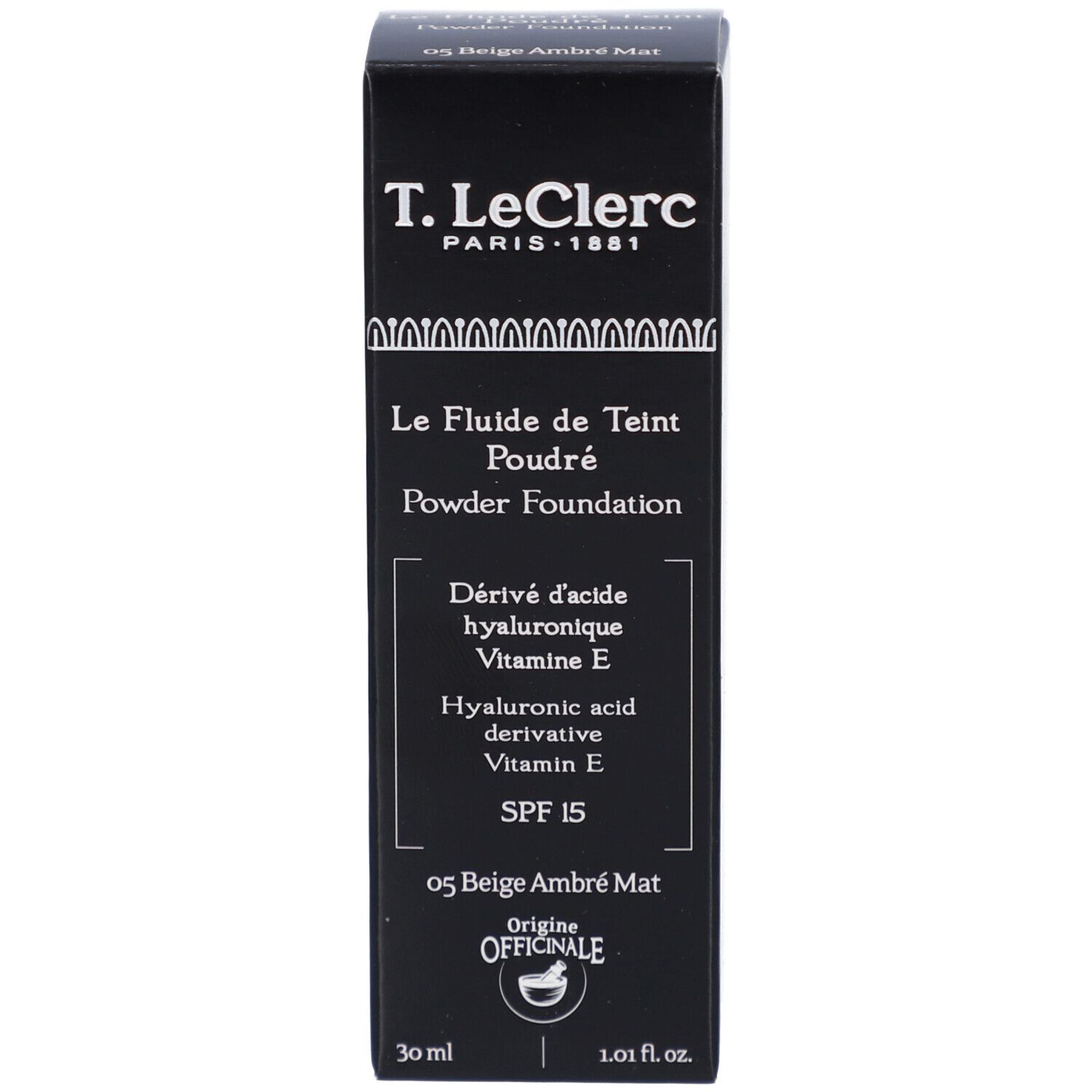 T. LeClerc Matte Fluid Foundation Verpackung. Schwarze Schachtel. Aufschrift: Le Fluide de Teint Poudré.