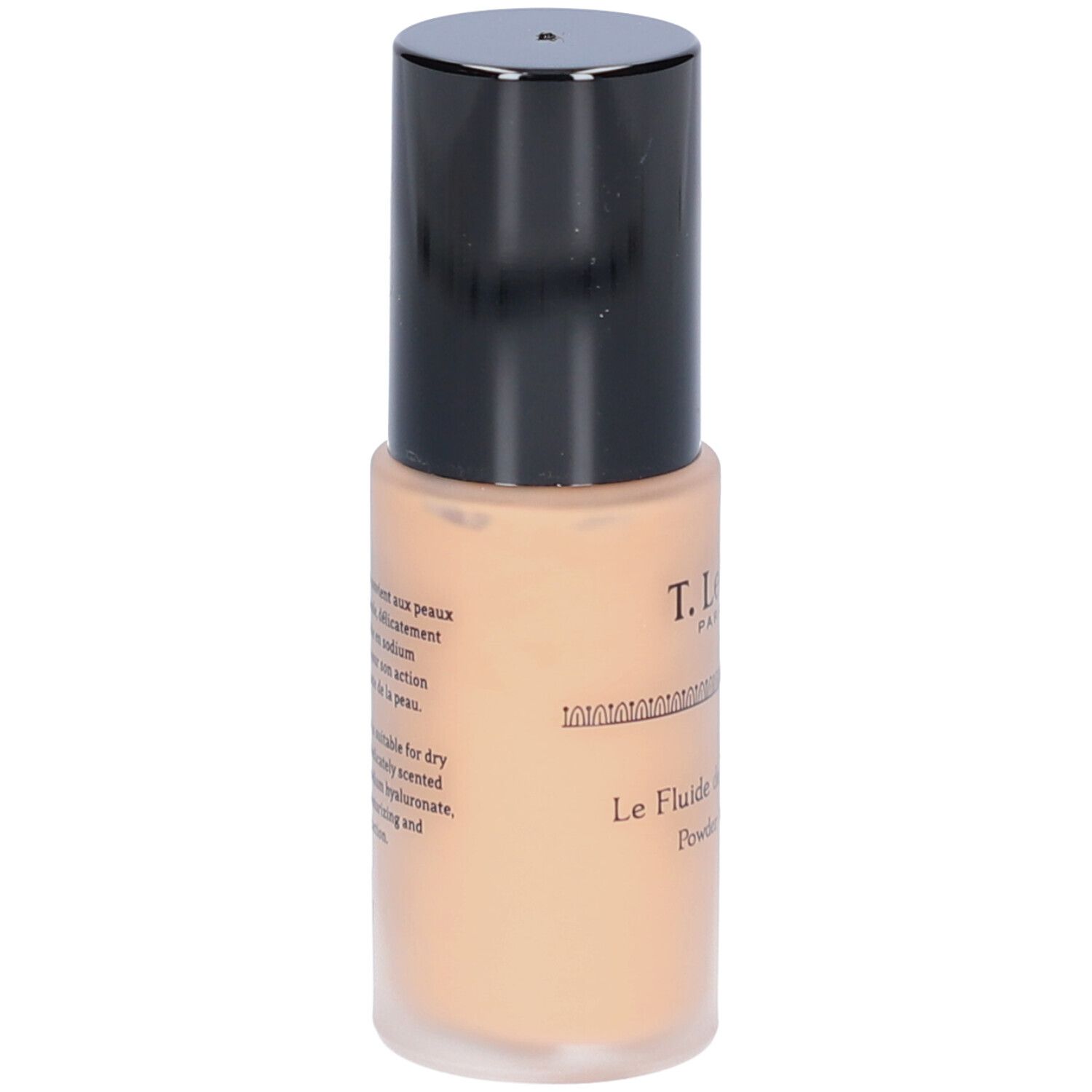 Flacon de fond de teint fluide beige avec bouchon noir. Inscription: T.LeClerc. Texte en français.