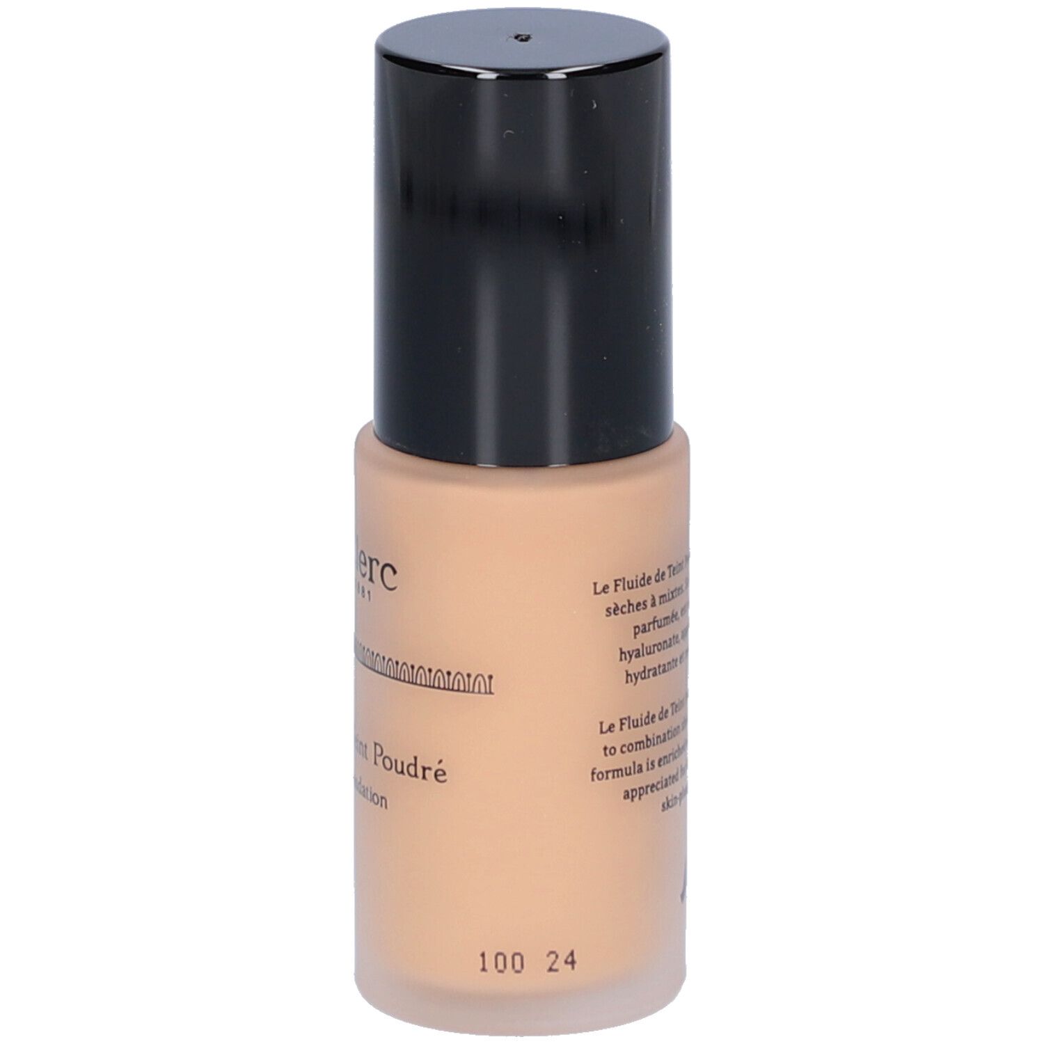 Flacon de fond de teint fluide beige avec bouchon noir. Inscription: T.LeClerc. Texte en français. Numéro 100 24.