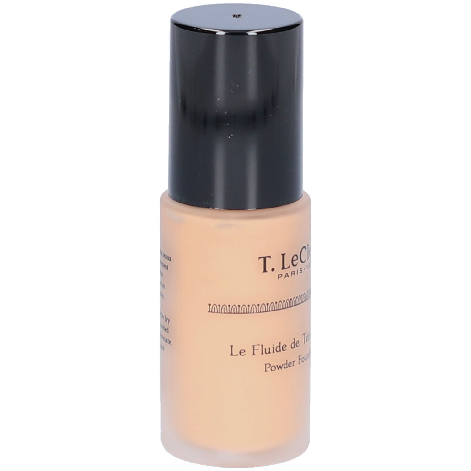 Flacon de fond de teint fluide beige avec bouchon noir. Inscription: T.LeClerc. Texte en français.