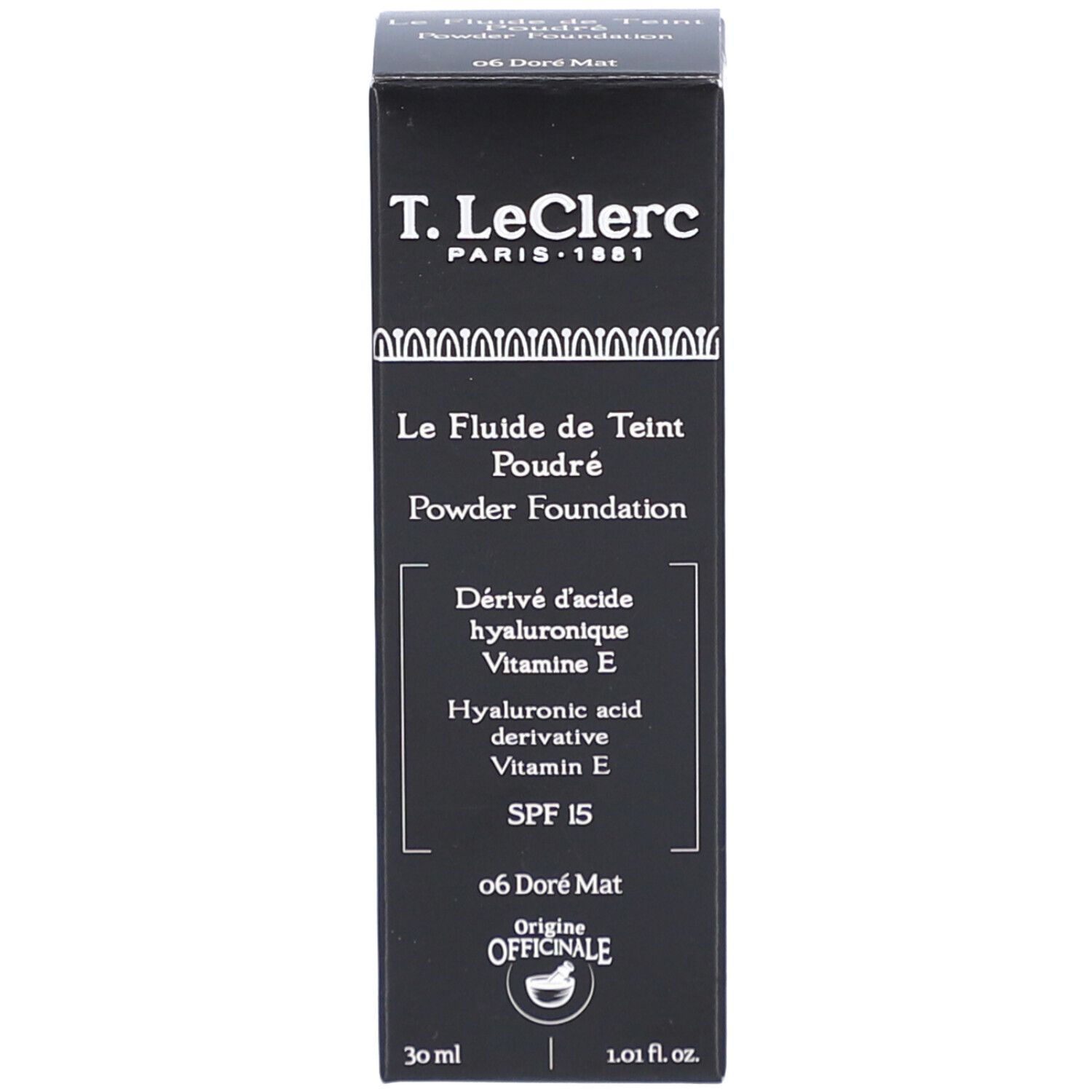Boîte noire. Inscription: T.LeClerc. Texte: Le Fluide de Teint Poudré. SPF 15. 06 Doré Mat. 30 ml.