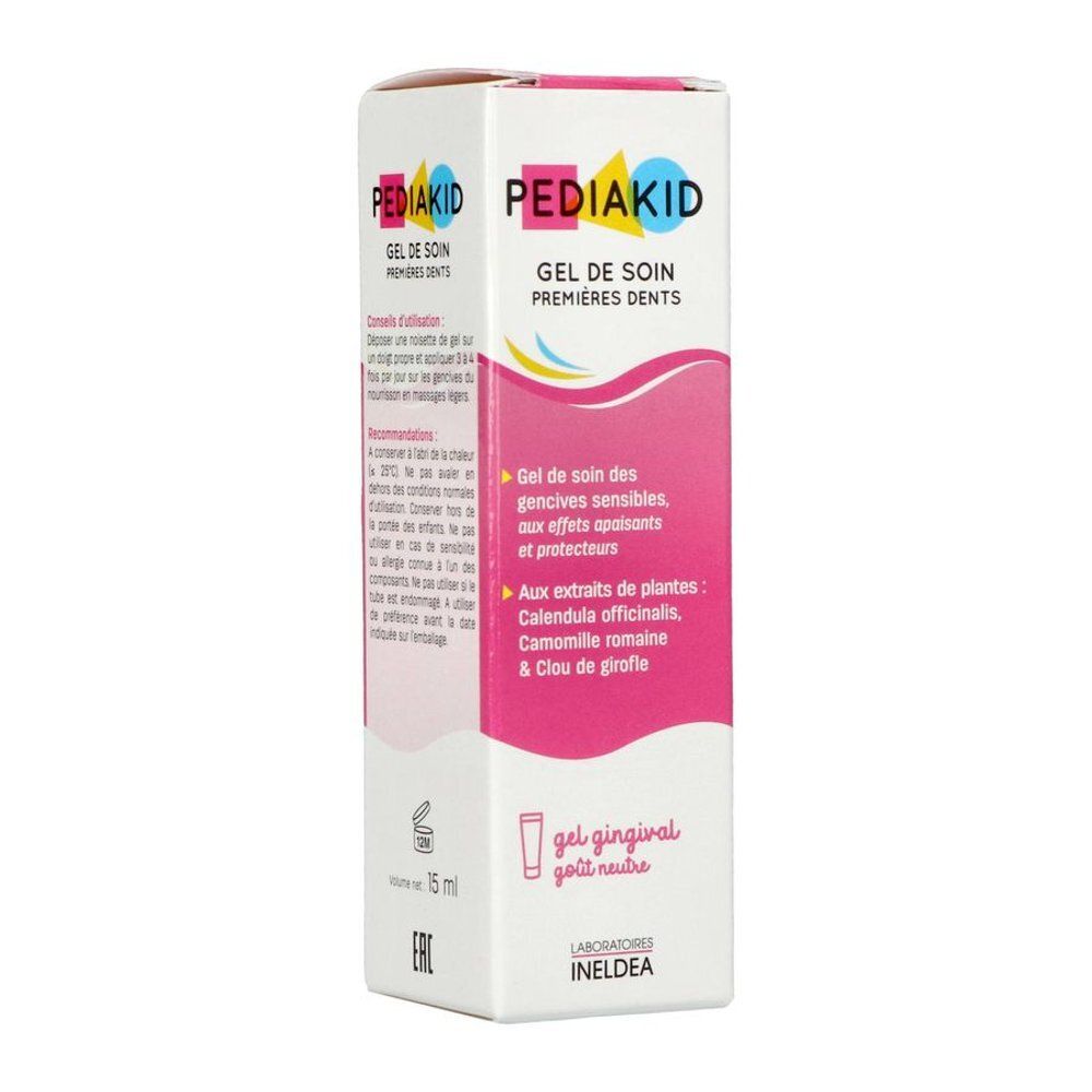 Arrière du tube PEDIAKID Gel de soin premières dents avec instructions et ingrédients.