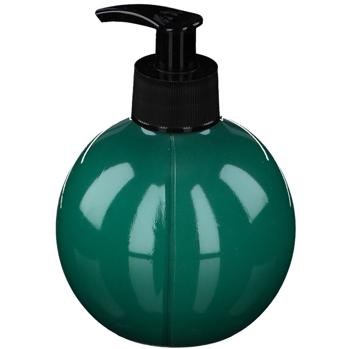 Grüne, runde Handseifenflasche mit schwarzem Pumpkopf. Vertikale Linie in der Mitte der Flasche.