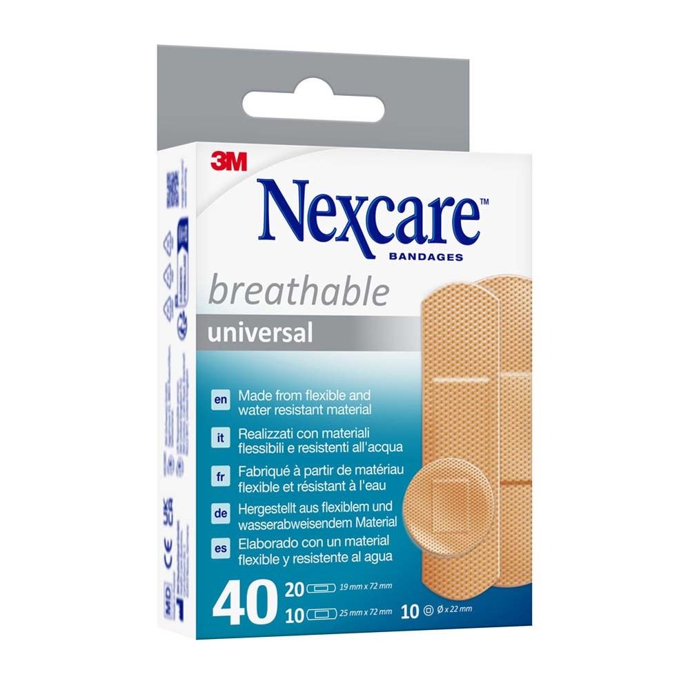 Schachtel mit Nexcare Universal Pflastern, Seitenansicht. Produktinformationen.