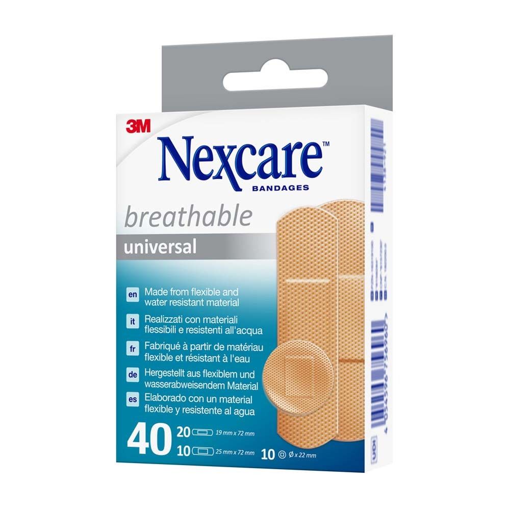 Rückseite der Nexcare Universal Pflaster-Schachtel. Produktmerkmale in verschiedenen Sprachen.