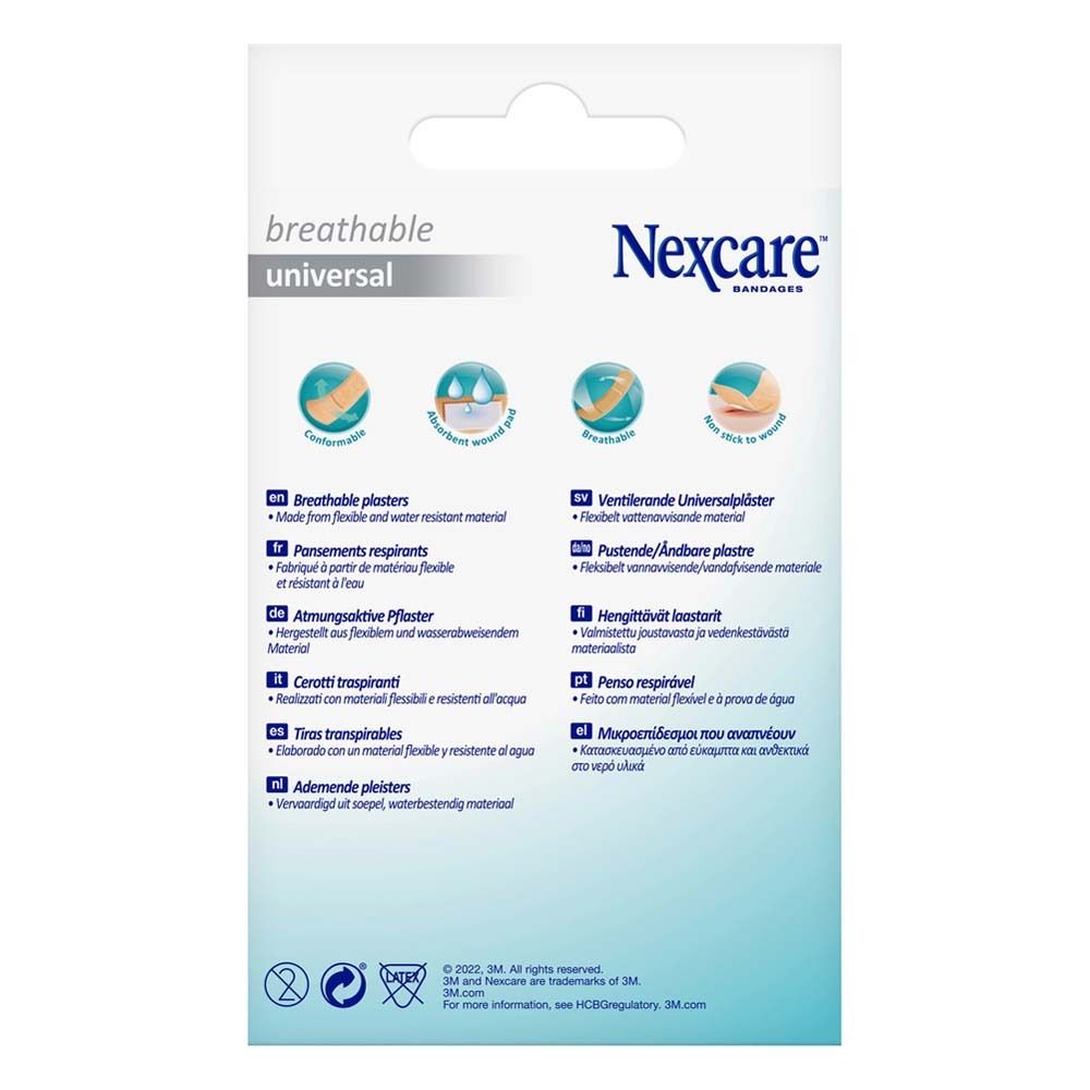 Rückseite der Nexcare Universal Pflaster-Schachtel. Produktinformationen und Barcode.