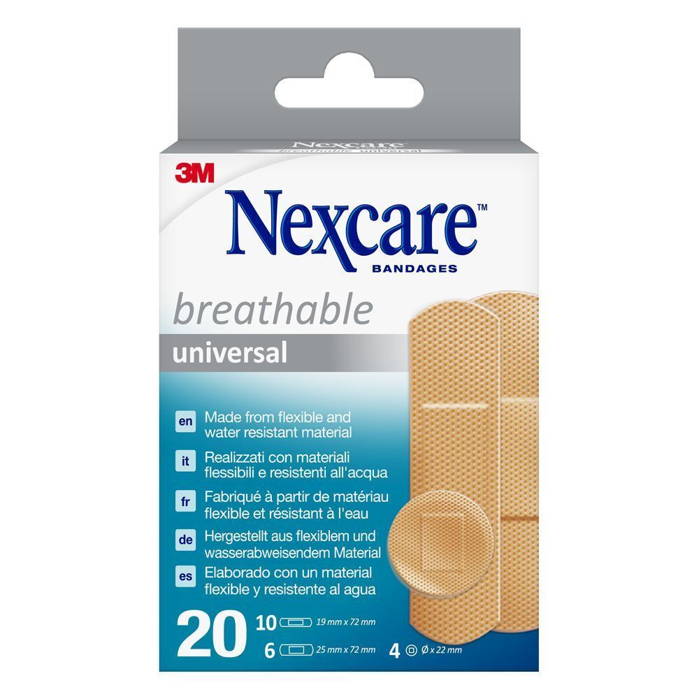 Boîte de pansements Nexcare Universal. Contient 20 pansements de tailles variées.