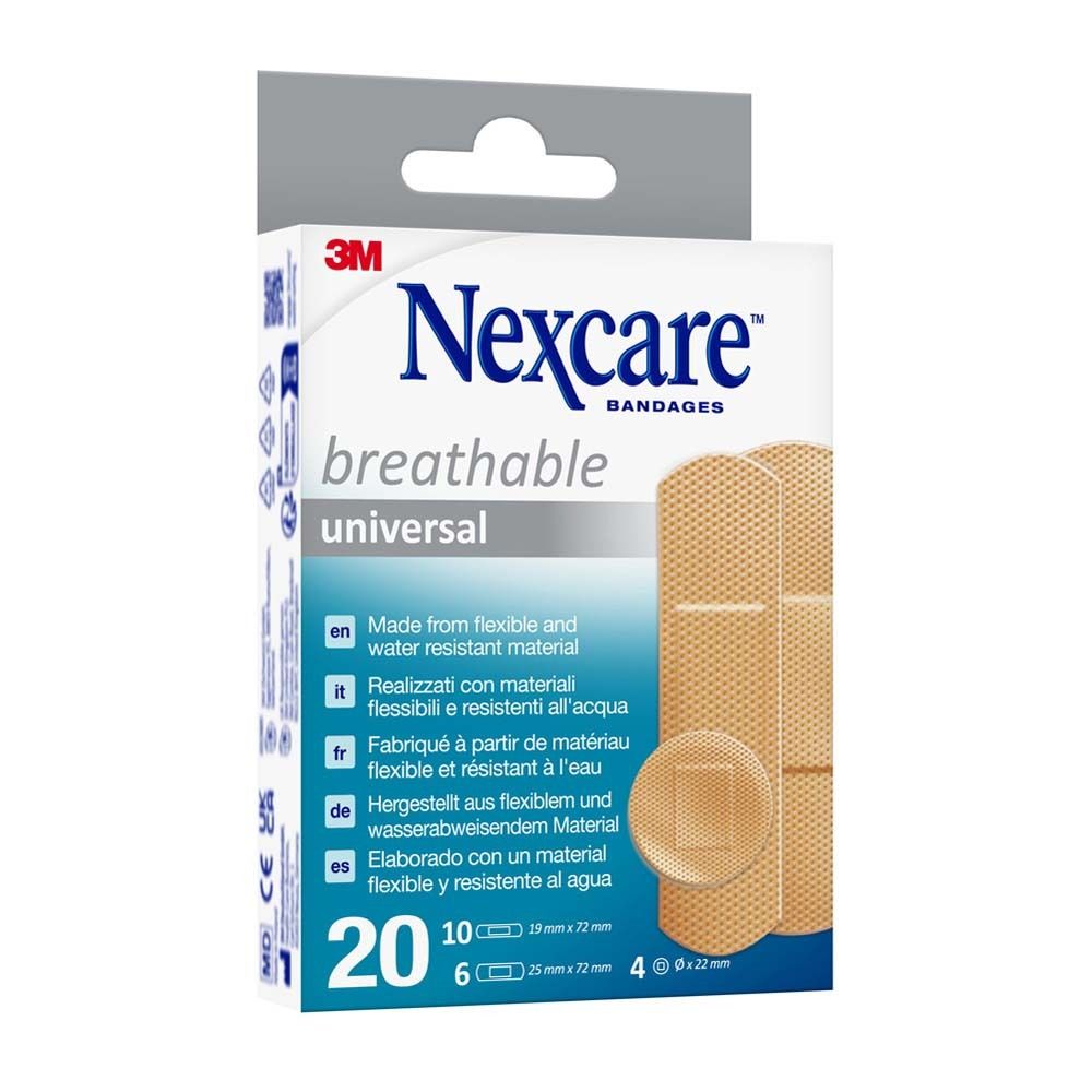 Verpackung mit Nexcare Universal Pflastern. 20 Stück, verschiedene Größen. Atmungsaktiv und wasserabweisend.