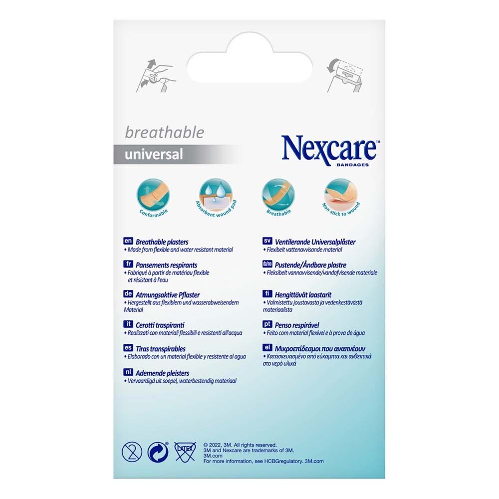 Rückseite der Nexcare Universal Pflaster Verpackung. Informationen zu den Pflastern in verschiedenen Sprachen.