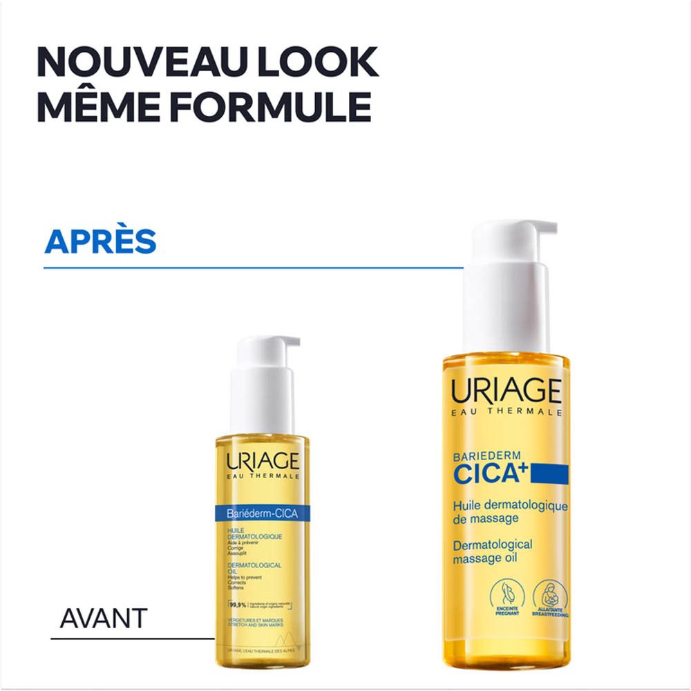 Zwei Uriage Bariéderm Cica+ Massageöle, eine kleine und eine große Flasche mit Pumpspender.