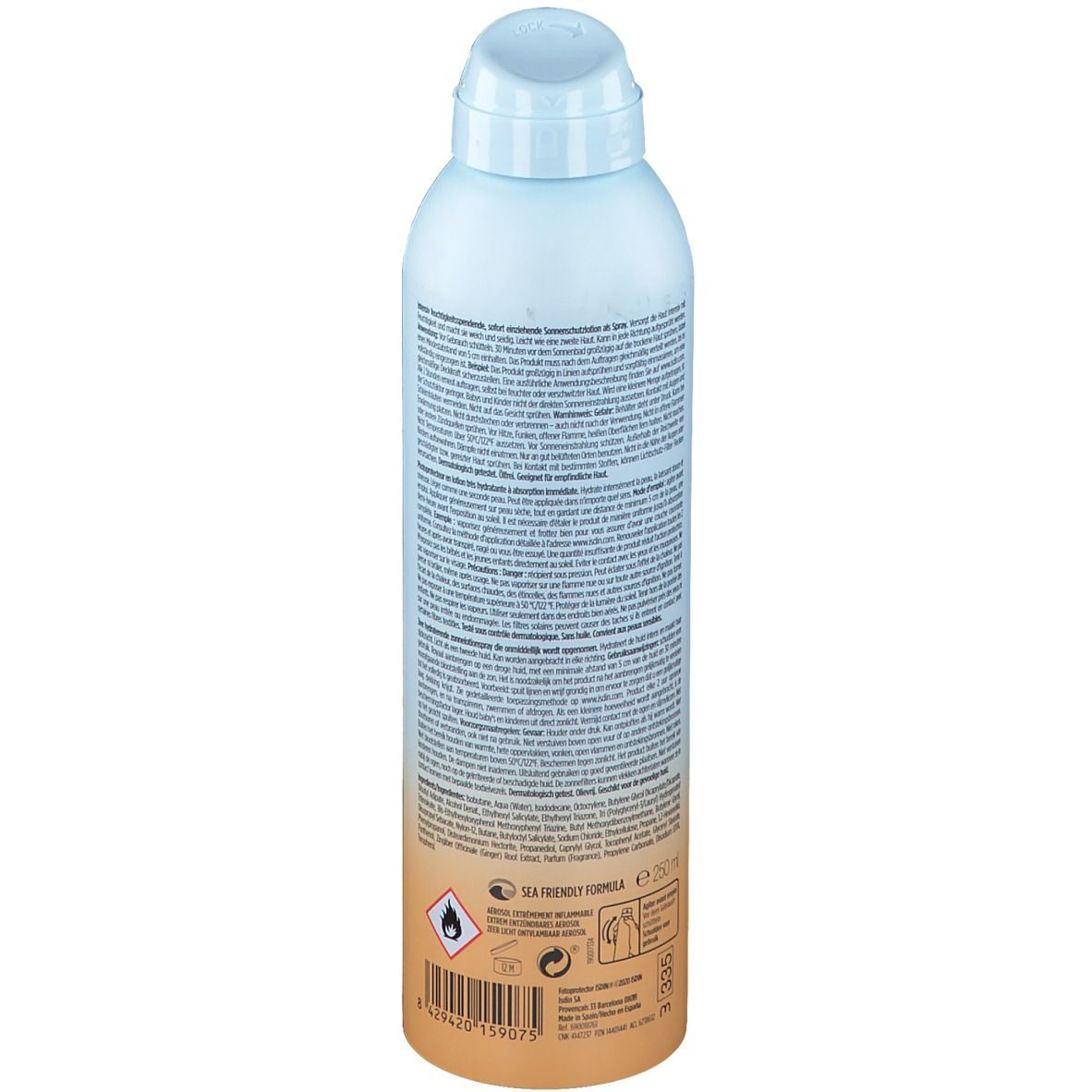 Rückseite der Spraydose. Enthält Text und Barcode. Der untere Teil ist orange, der obere Teil ist blau.