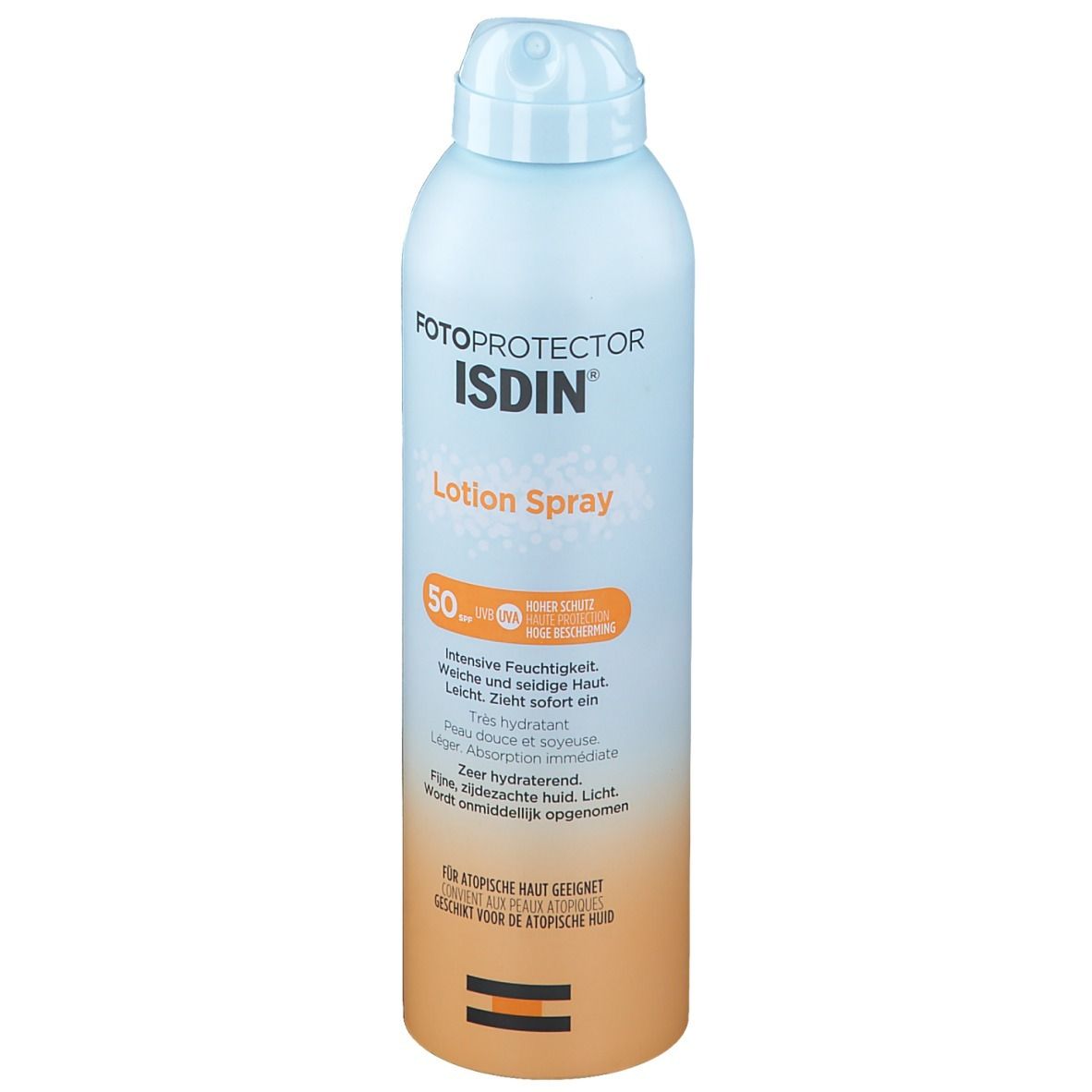 Spraydose mit ISDIN Fotoprotector Lotion Spray. Aufschrift: SPF50+. Orangefarbener Streifen mit Text. Hellblauer Deckel.